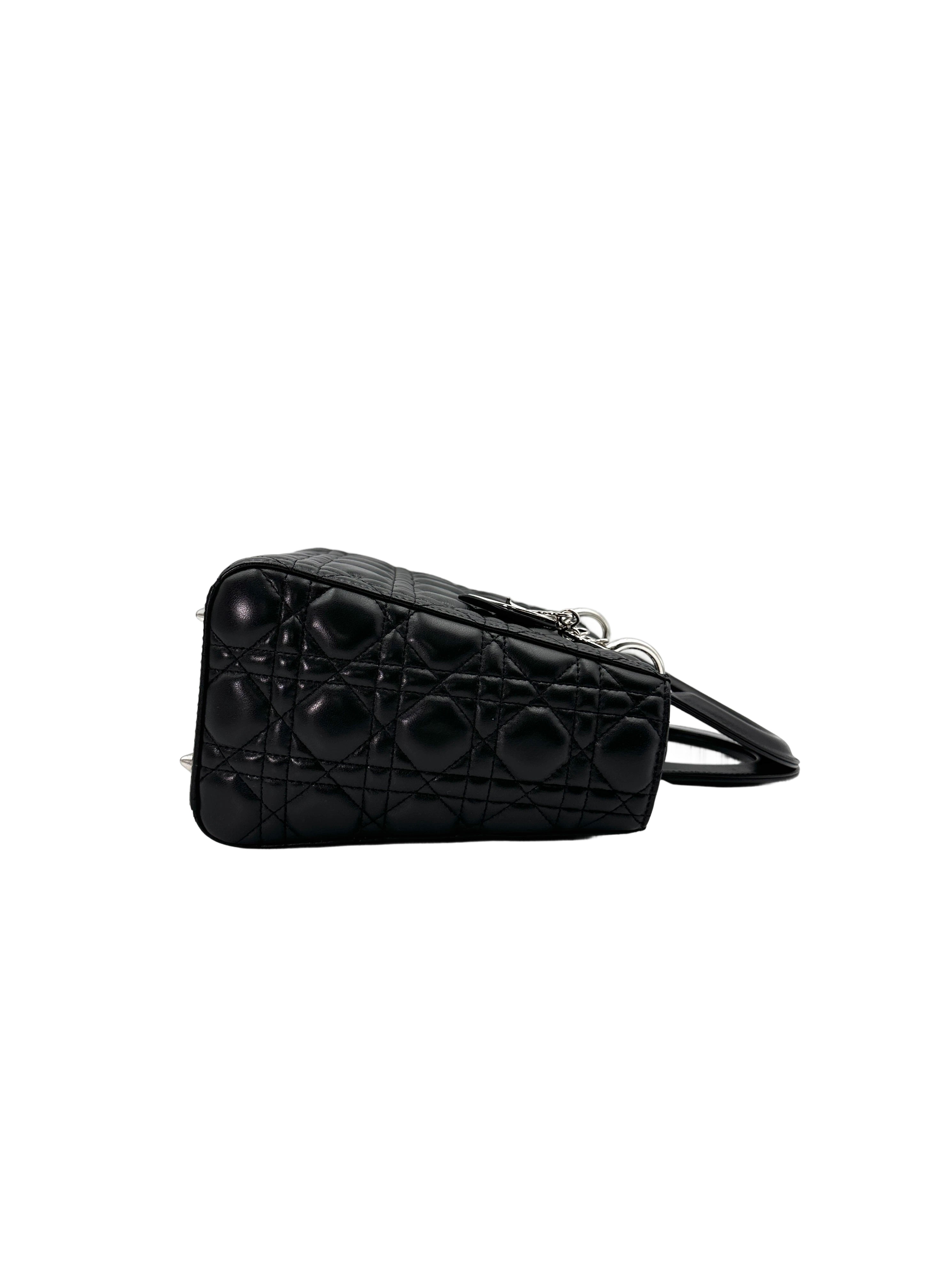 Christian Dior Lady Dior Black Cannage Leather Handle Bag With Silver Charms DR671