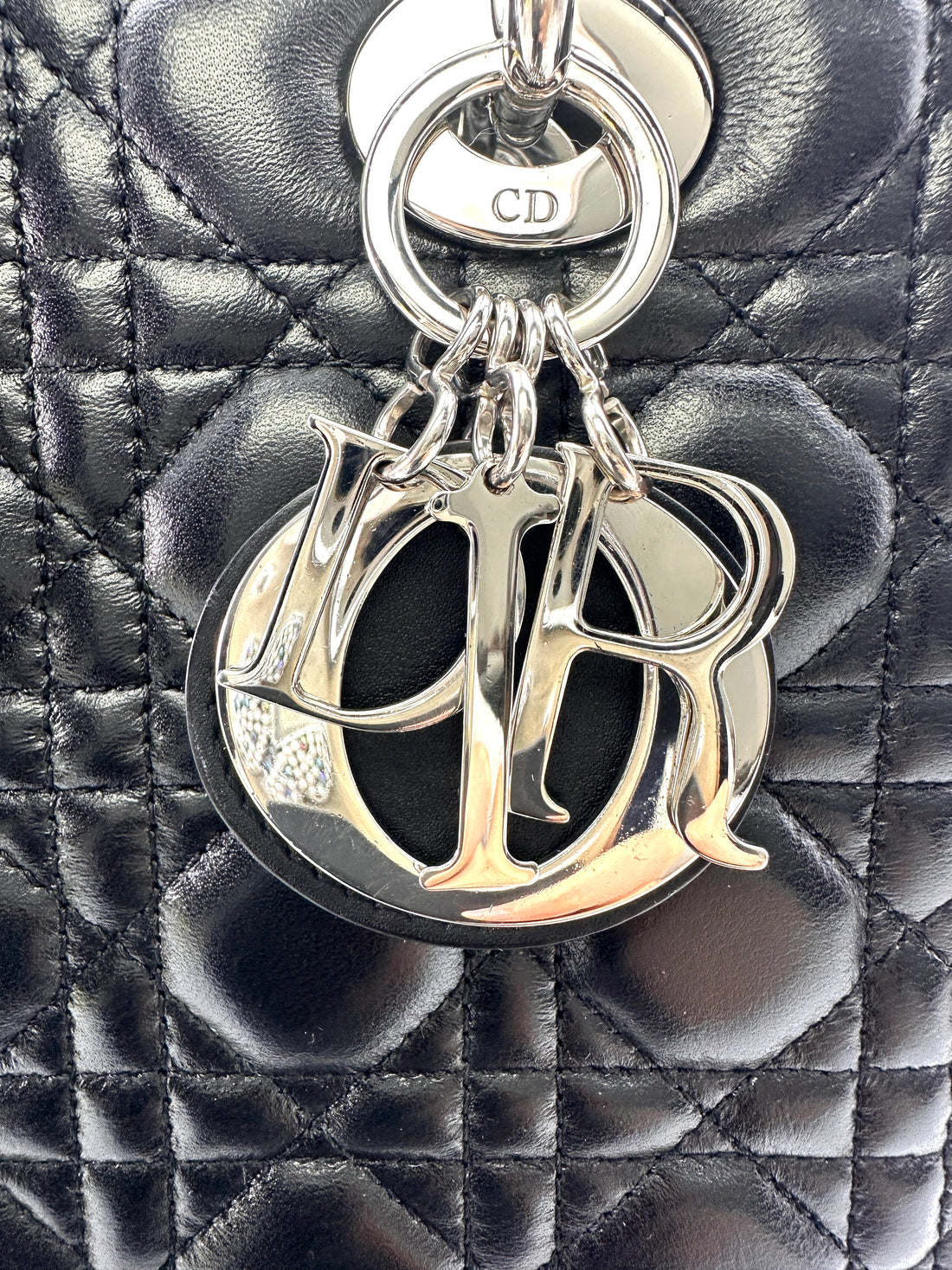 Christian Dior Lady Dior Black Cannage Leather Handle Bag With Silver Charms DR671