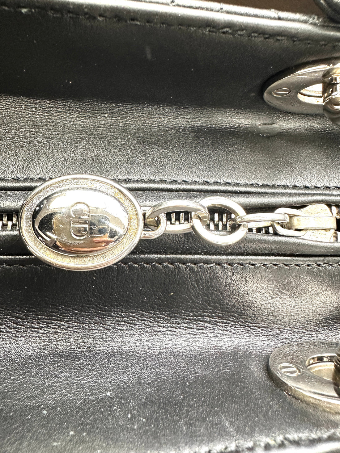 Christian Dior Lady Dior Black Cannage Leather Handle Bag With Silver Charms DR671