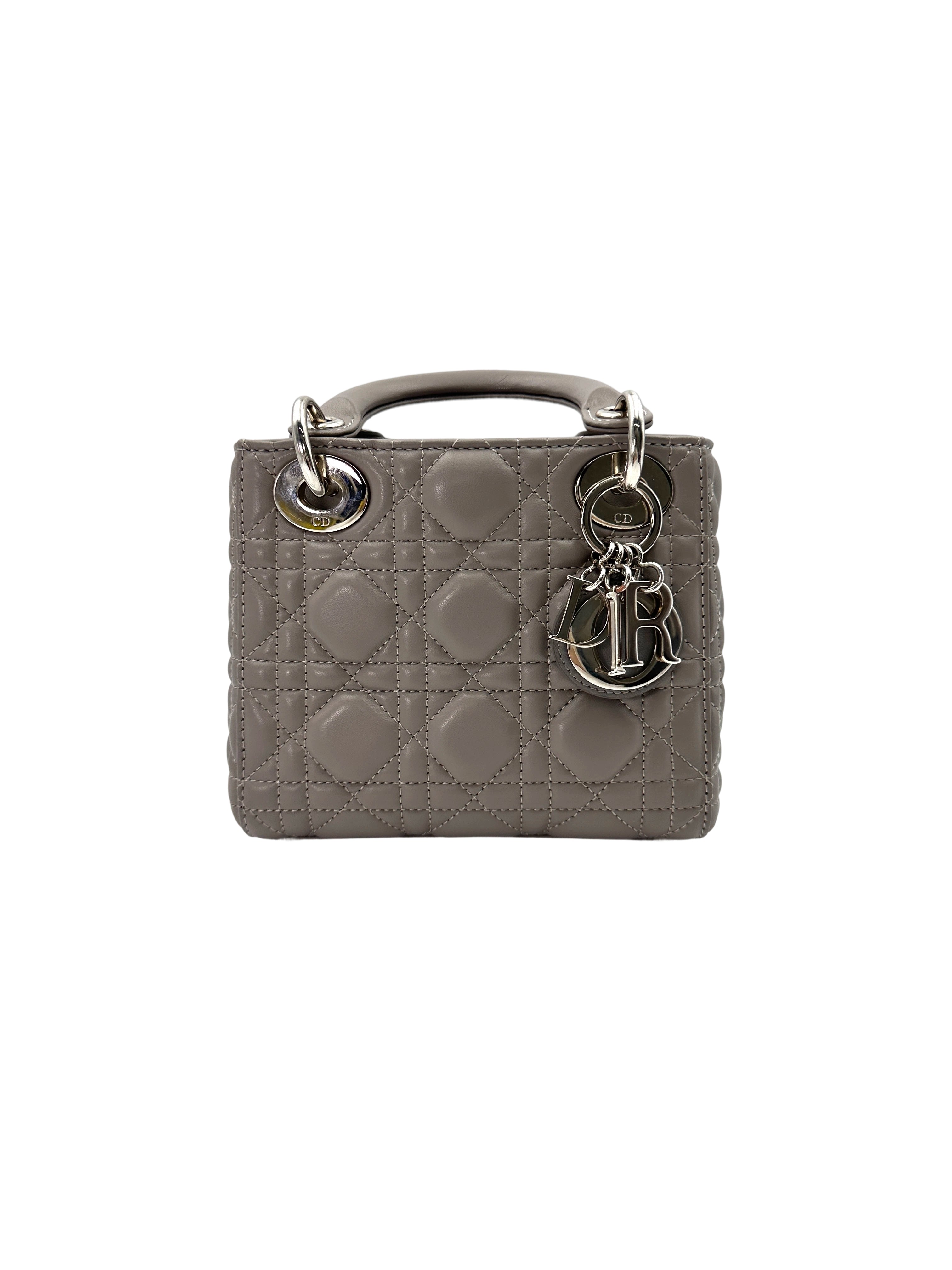 Christian Dior Lady Dior Grey Cannage Leather Handle Bag With Silver Charms DR670