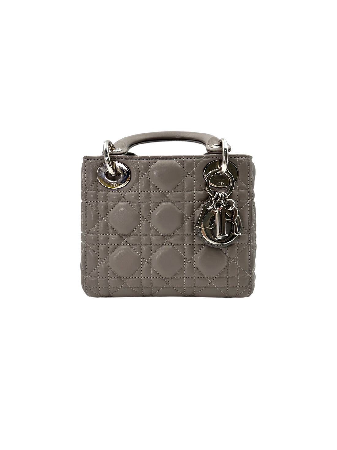 Christian Dior Lady Dior Grey Cannage Leather Handle Bag With Silver Charms DR670