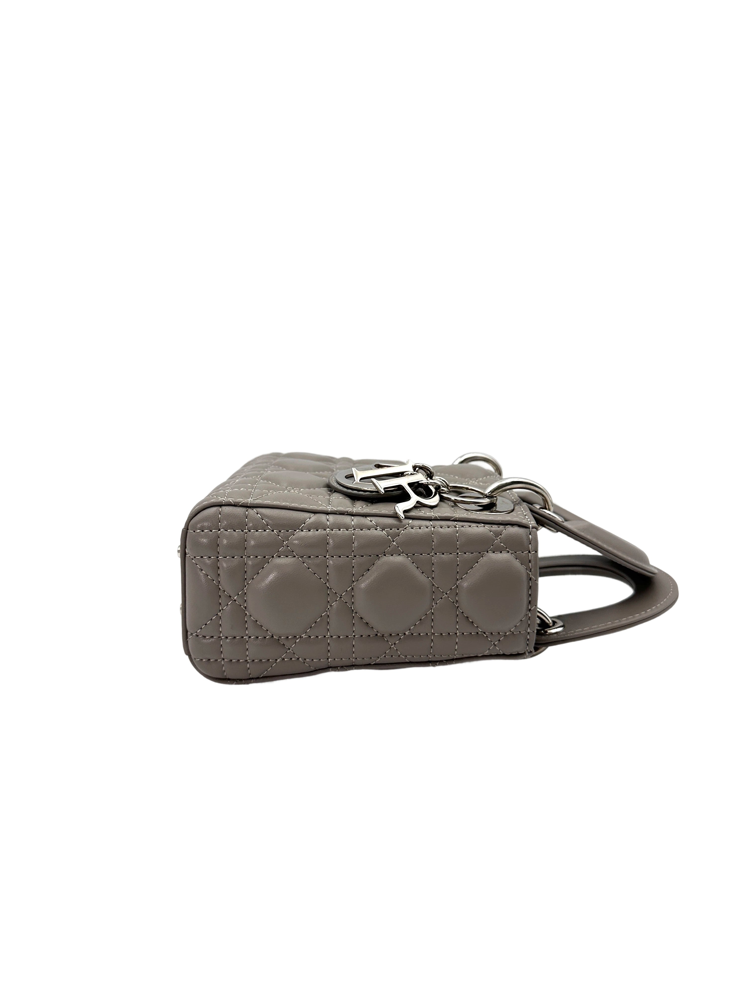 Christian Dior Lady Dior Grey Cannage Leather Handle Bag With Silver Charms DR670