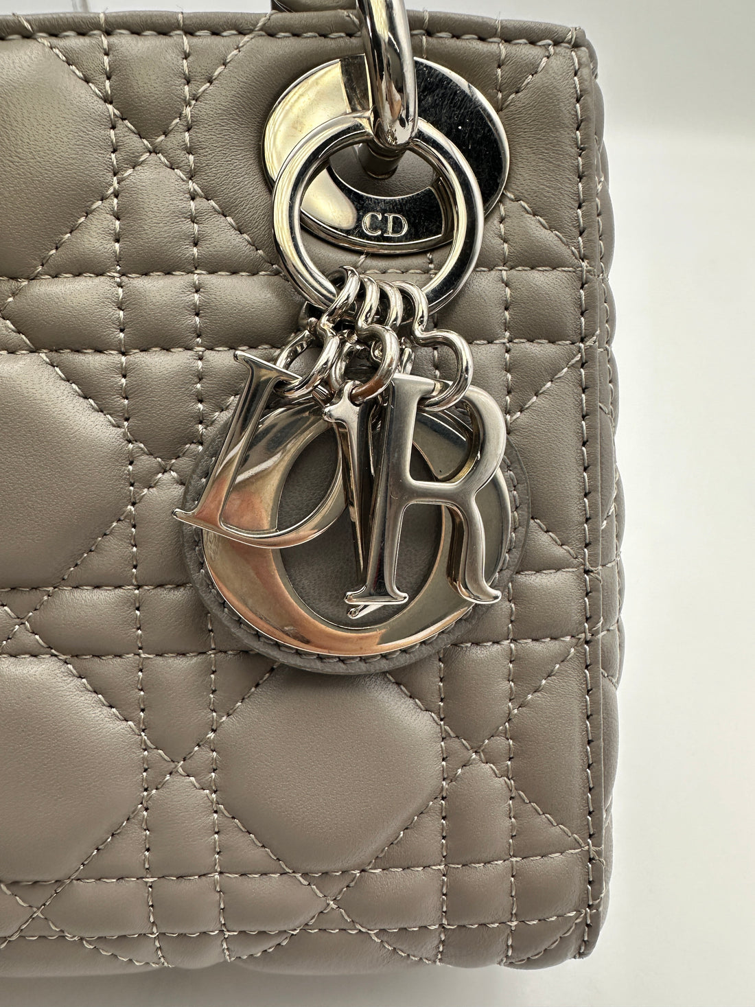 Christian Dior Lady Dior Grey Cannage Leather Handle Bag With Silver Charms DR670