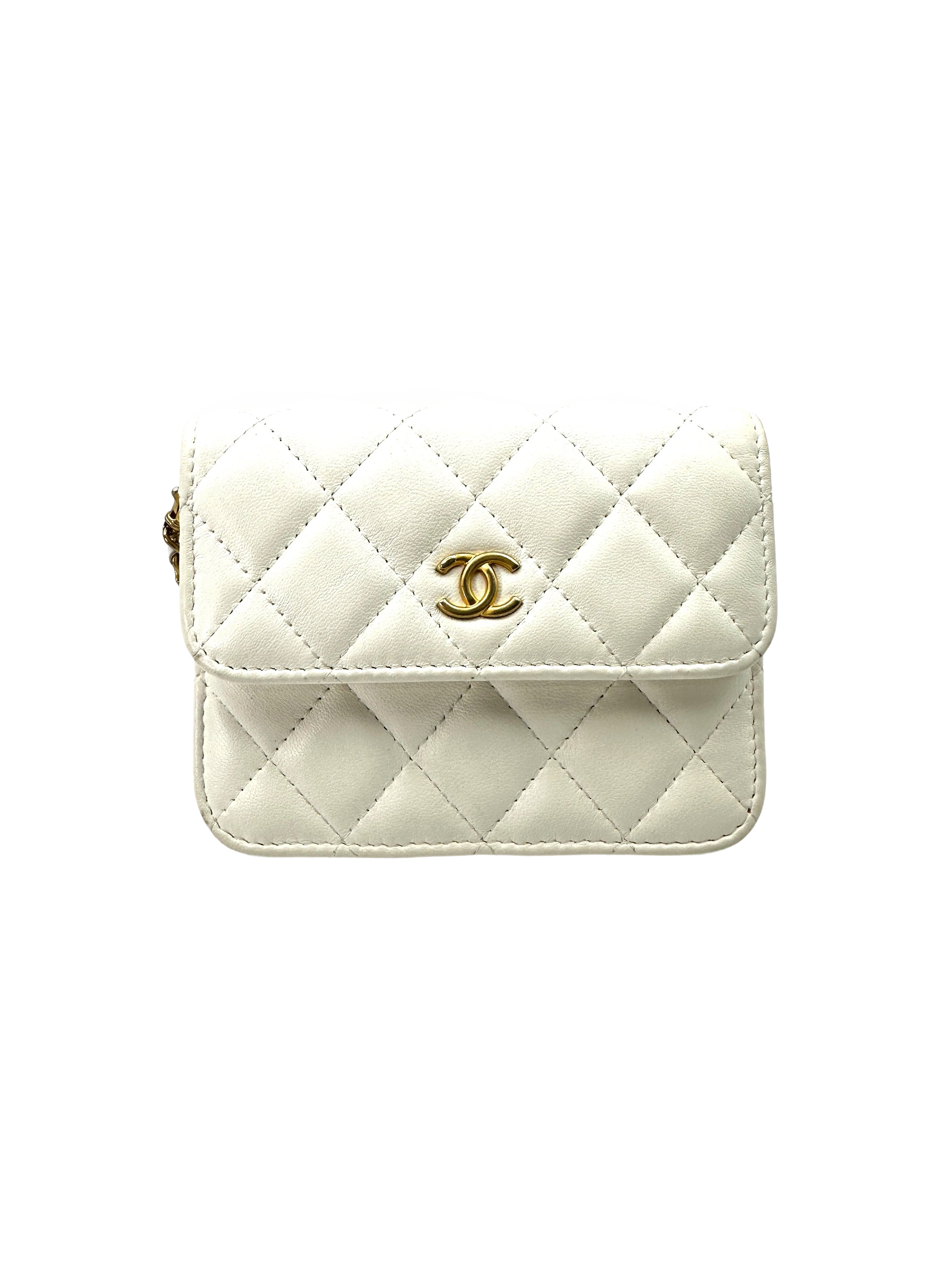 Chanel White Quilted Leather Pearl Crush Mini Wallet On Chain(30***93) CC1765