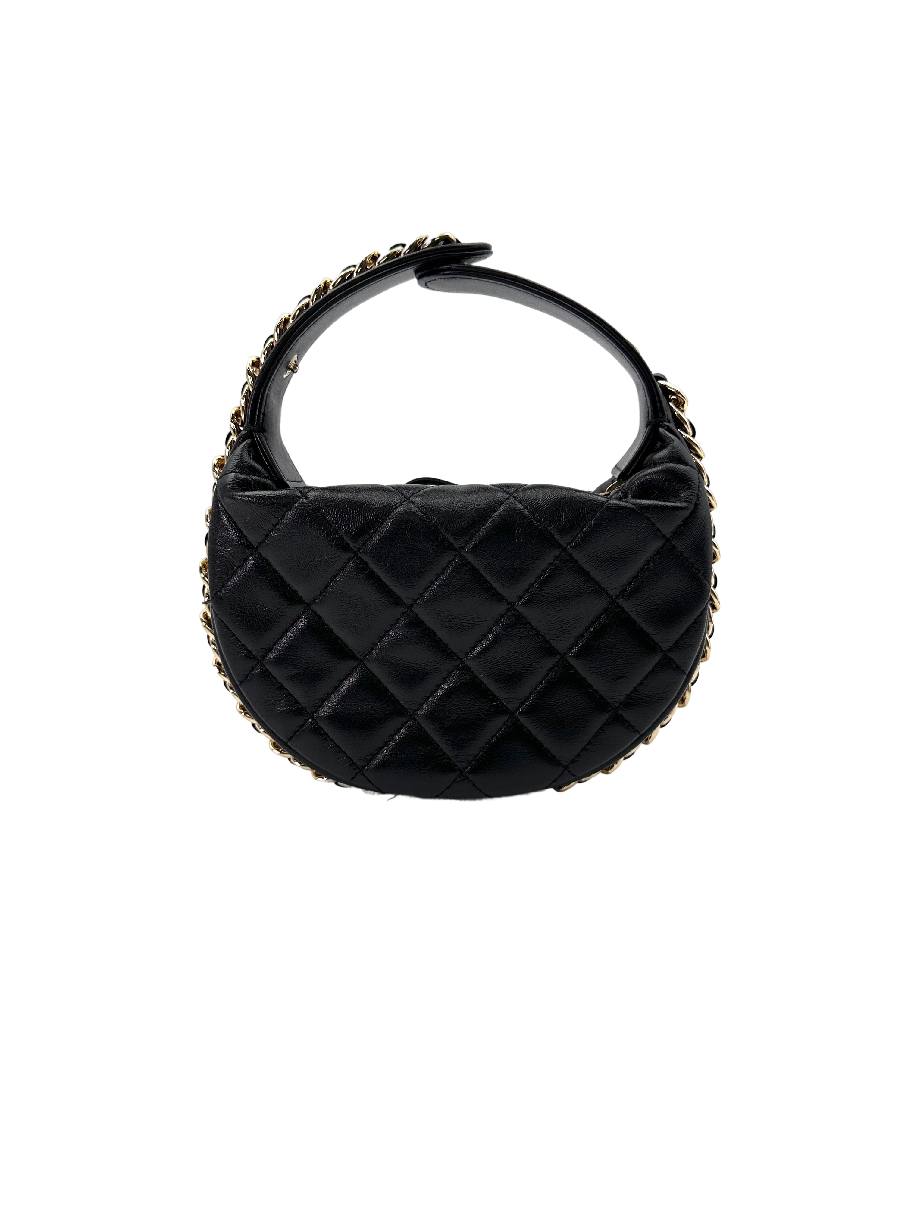 Chanel 23C Black Quilted Leather Chain Around Hobo Bag(T3***K8) CC1767