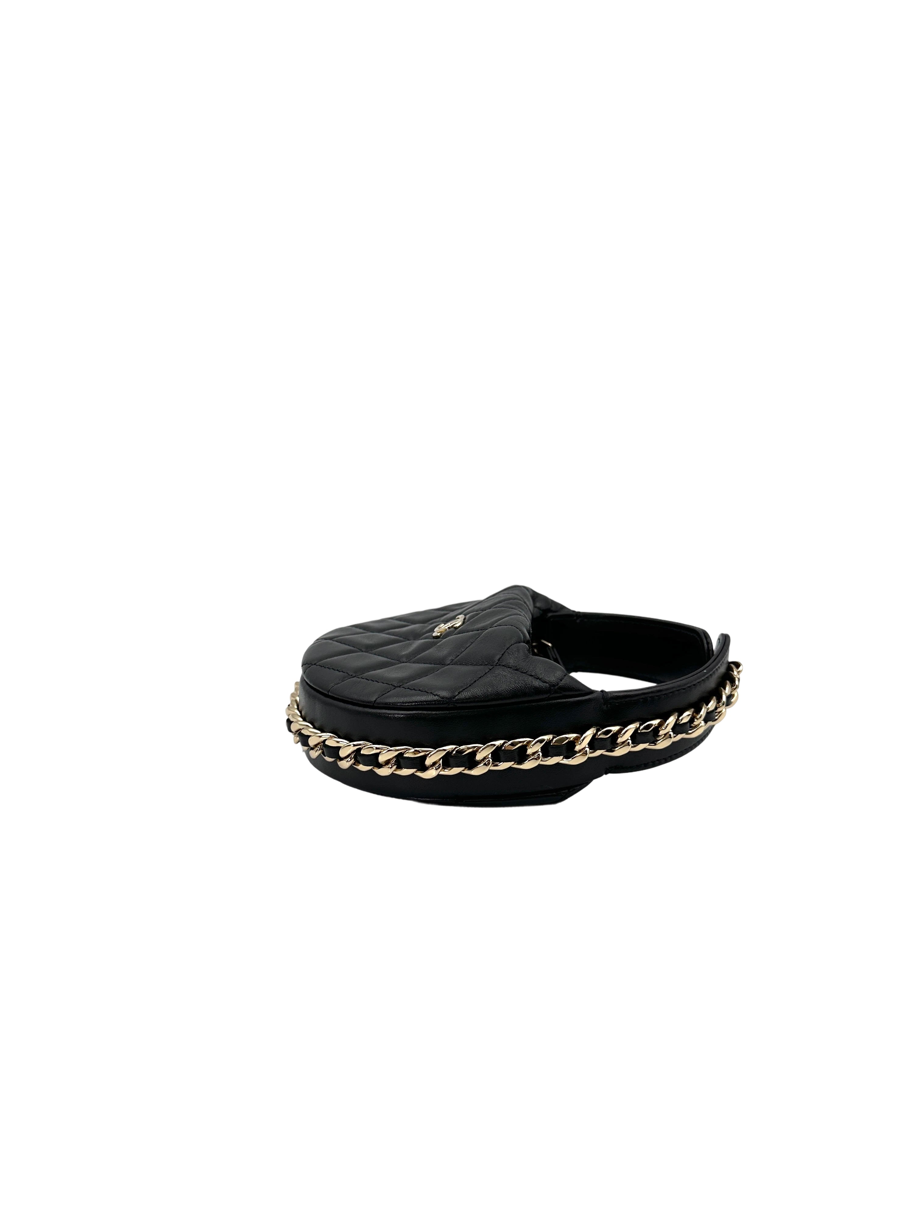 Chanel 23C Black Quilted Leather Chain Around Hobo Bag(T3***K8) CC1767