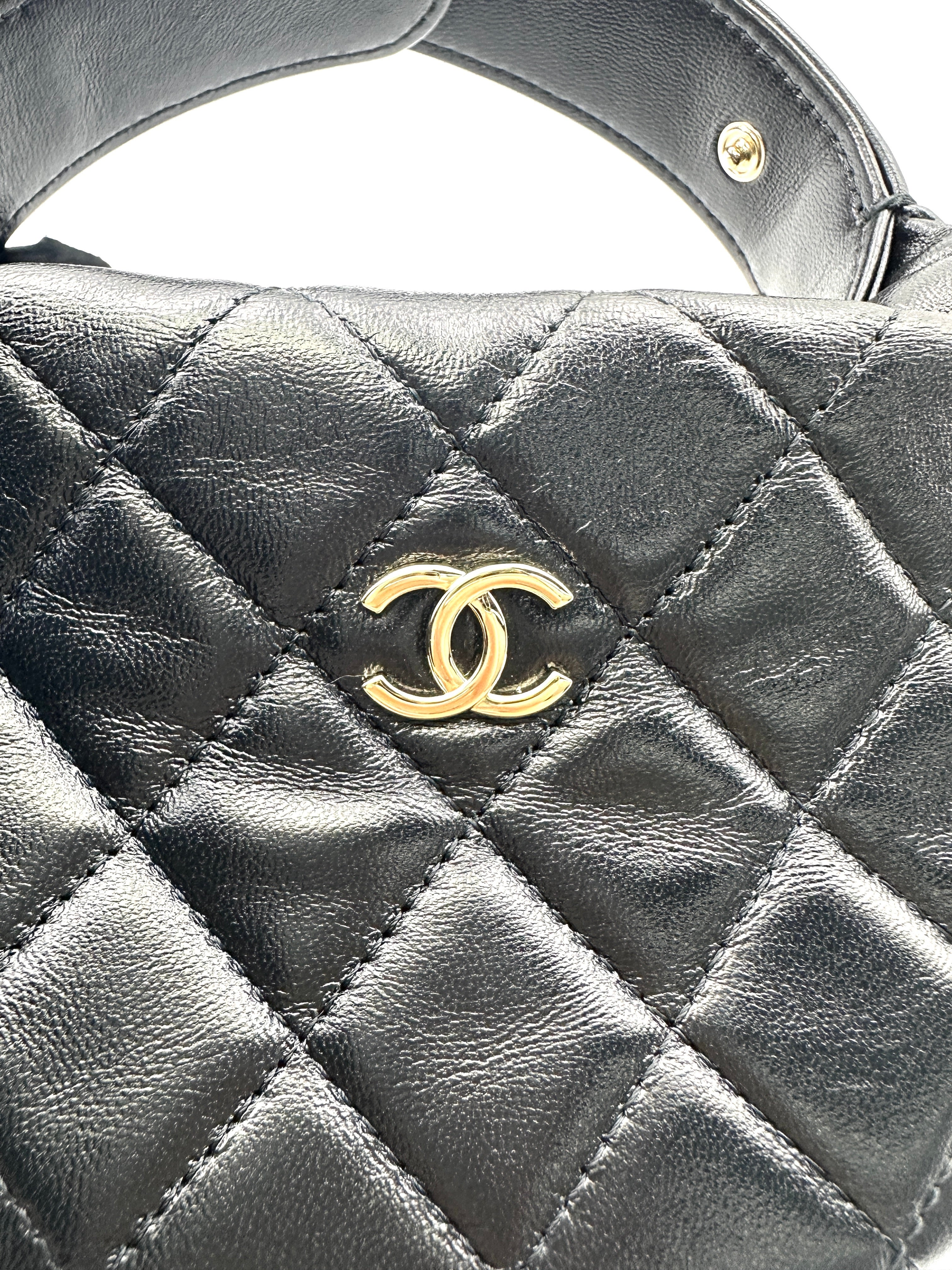 Chanel 23C Black Quilted Leather Chain Around Hobo Bag(T3***K8) CC1767