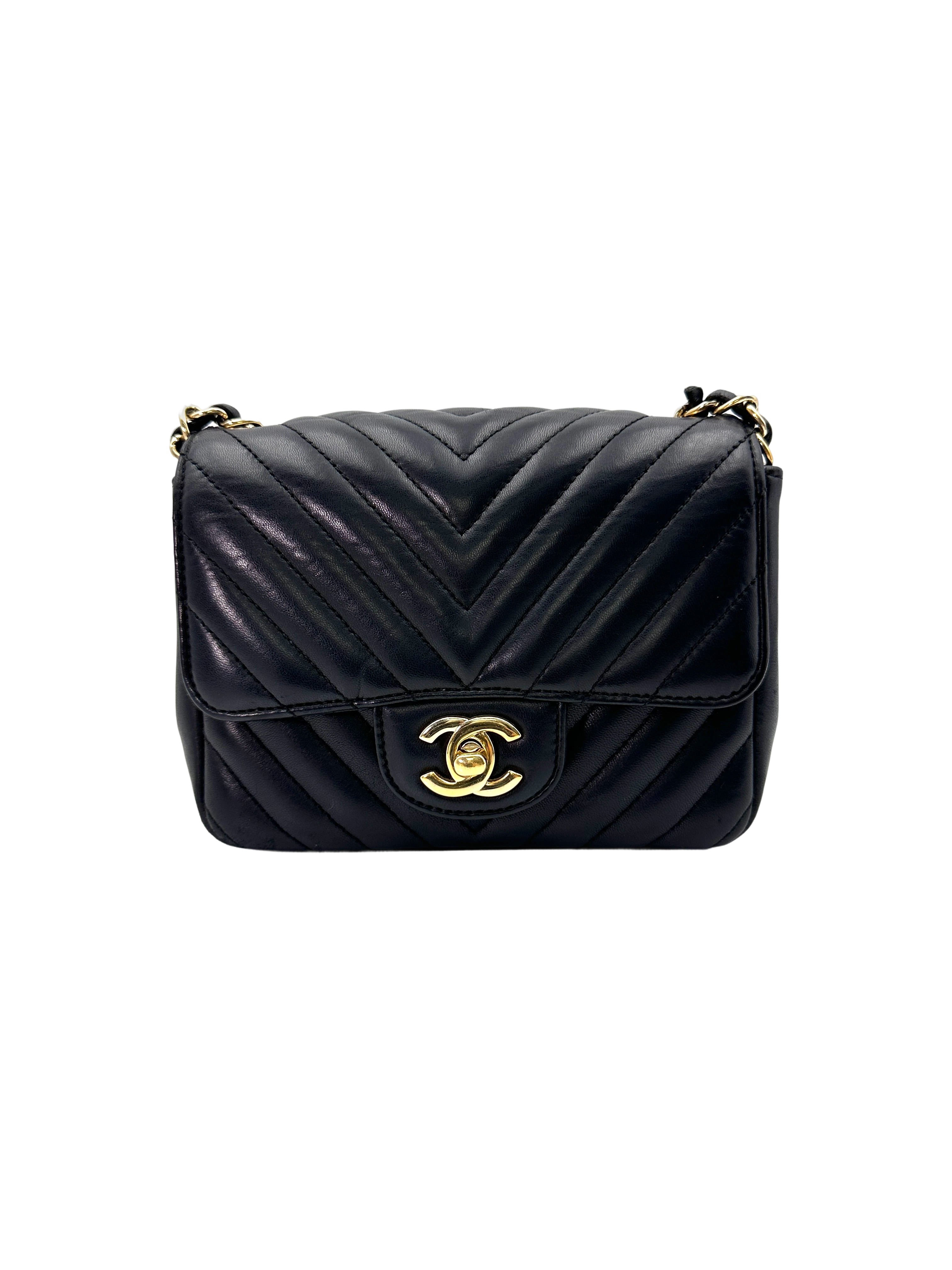 Chanel Mini Square Black Chevron Quilted Leather Flap Bag With Gold Buckle(23***06) CC1768