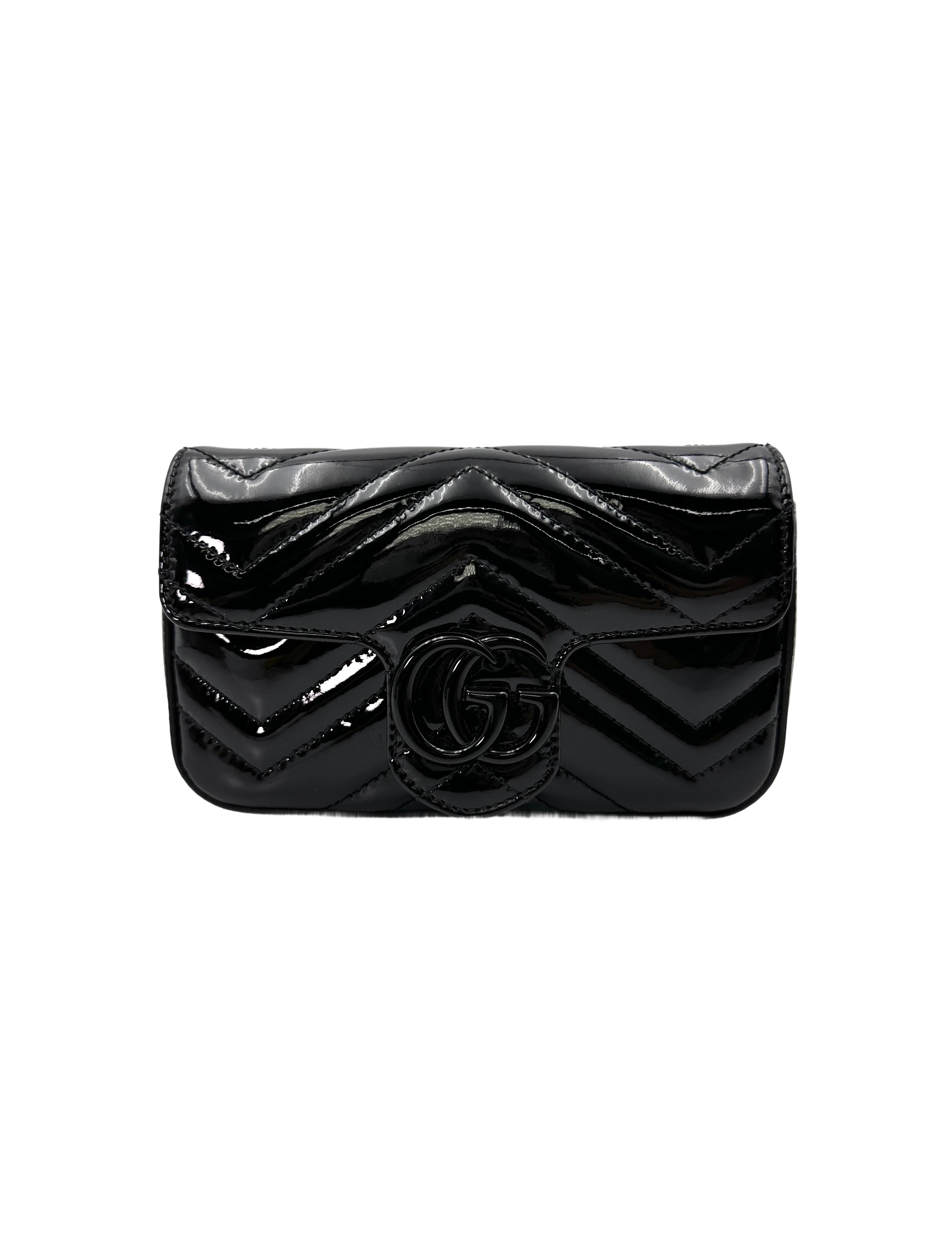 Gucci GG Marmont Black Chevron Patent Matelasse Leather Shoulder Bag GG842