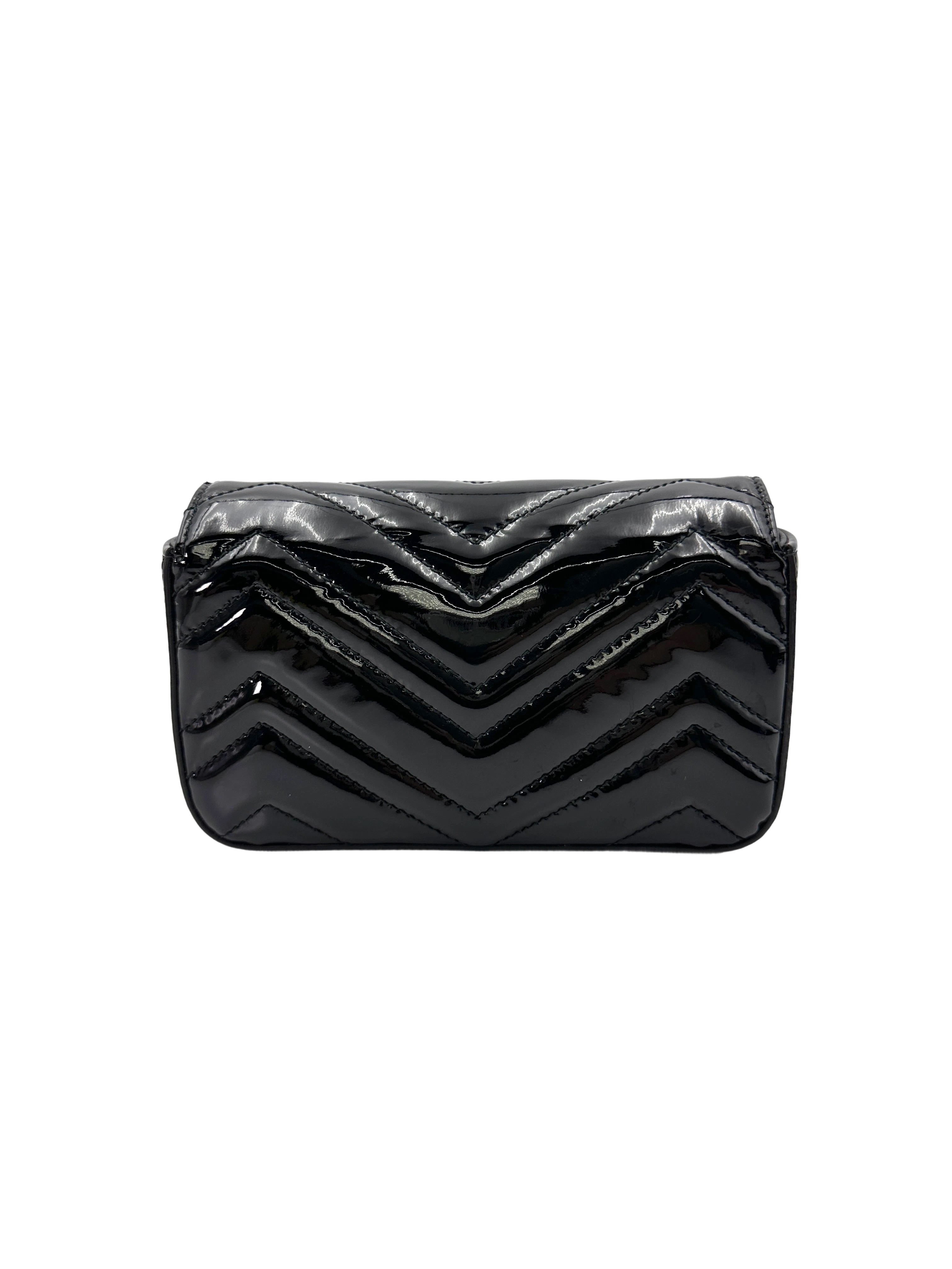 Gucci GG Marmont Black Chevron Patent Matelasse Leather Shoulder Bag GG842