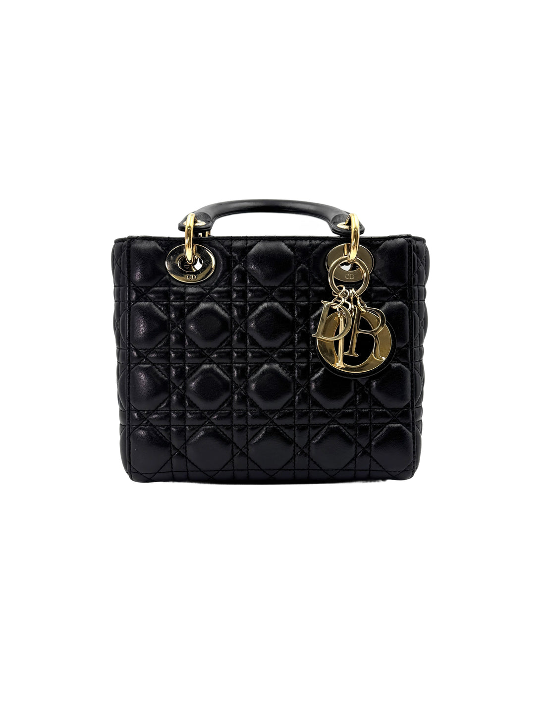 Christian Dior Lady Dior Black Cannage Leather Handle Bag Silver Charms DR673