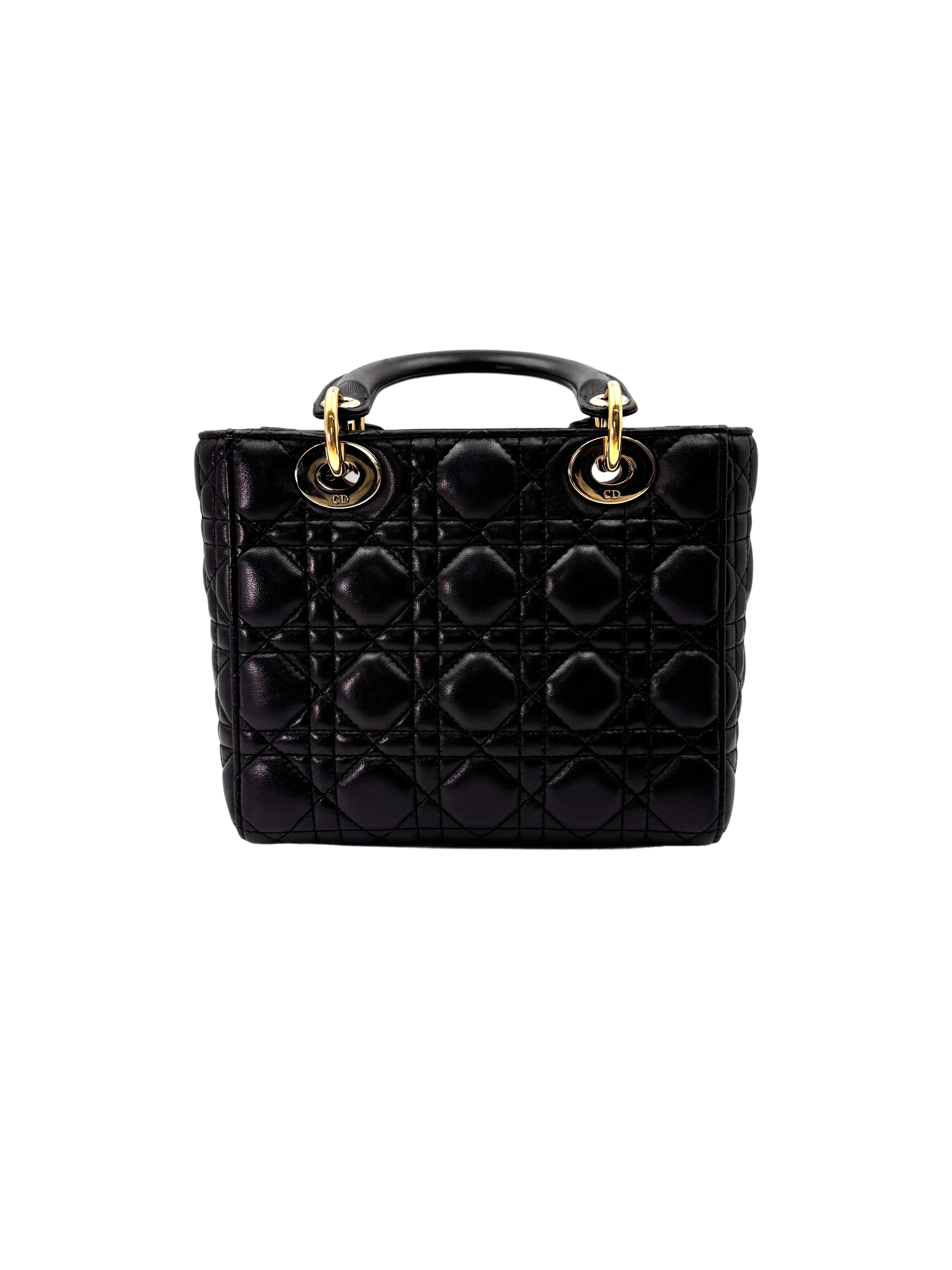 Christian Dior Lady Dior Black Cannage Leather Handle Bag Silver Charms DR673