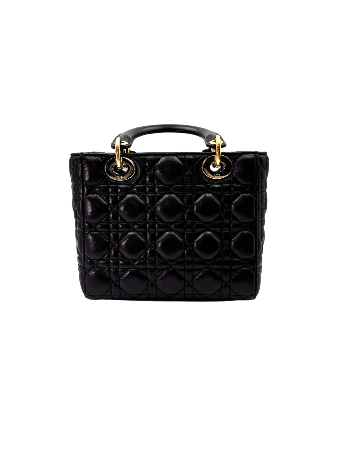 Christian Dior Lady Dior Black Cannage Leather Handle Bag Silver Charms DR673