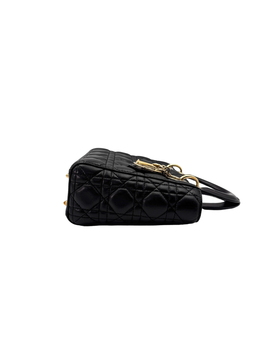 Christian Dior Lady Dior Black Cannage Leather Handle Bag Silver Charms DR673