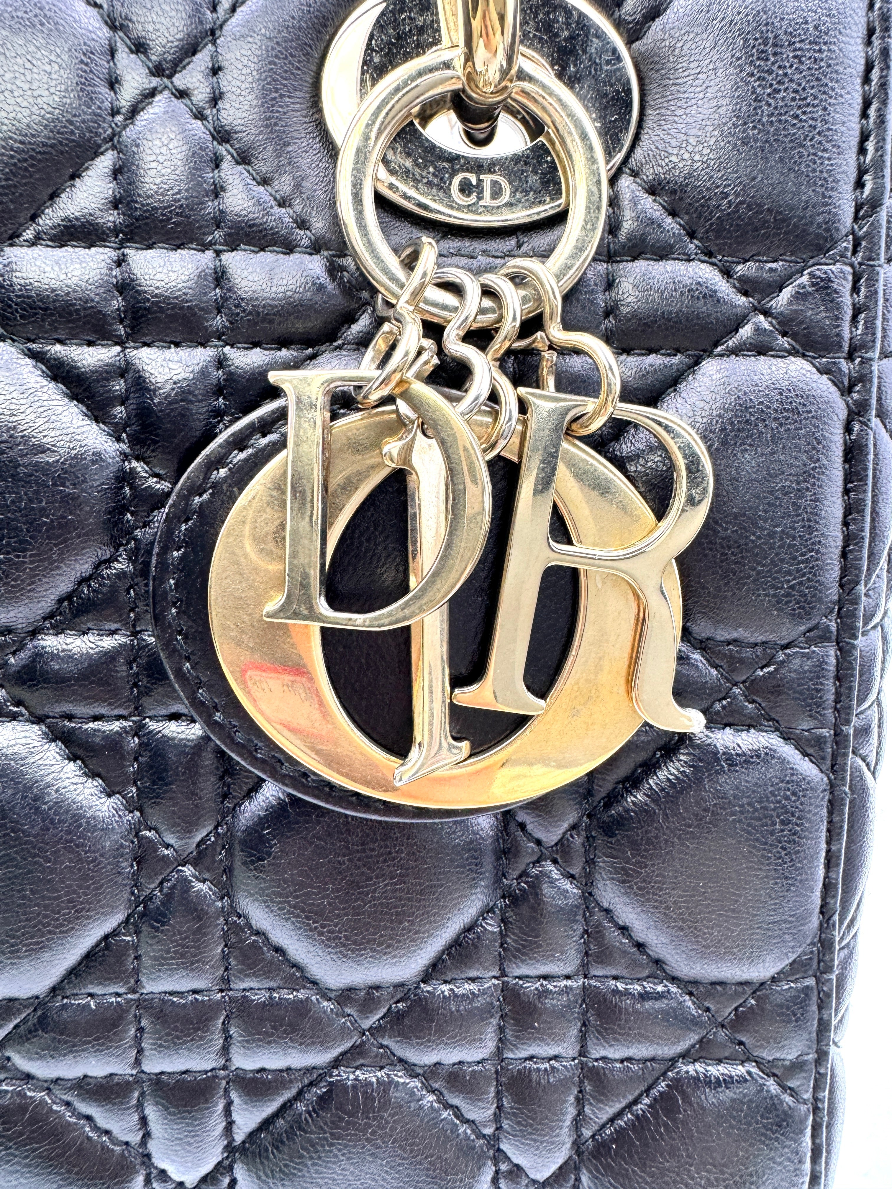 Christian Dior Lady Dior Black Cannage Leather Handle Bag Silver Charms DR673