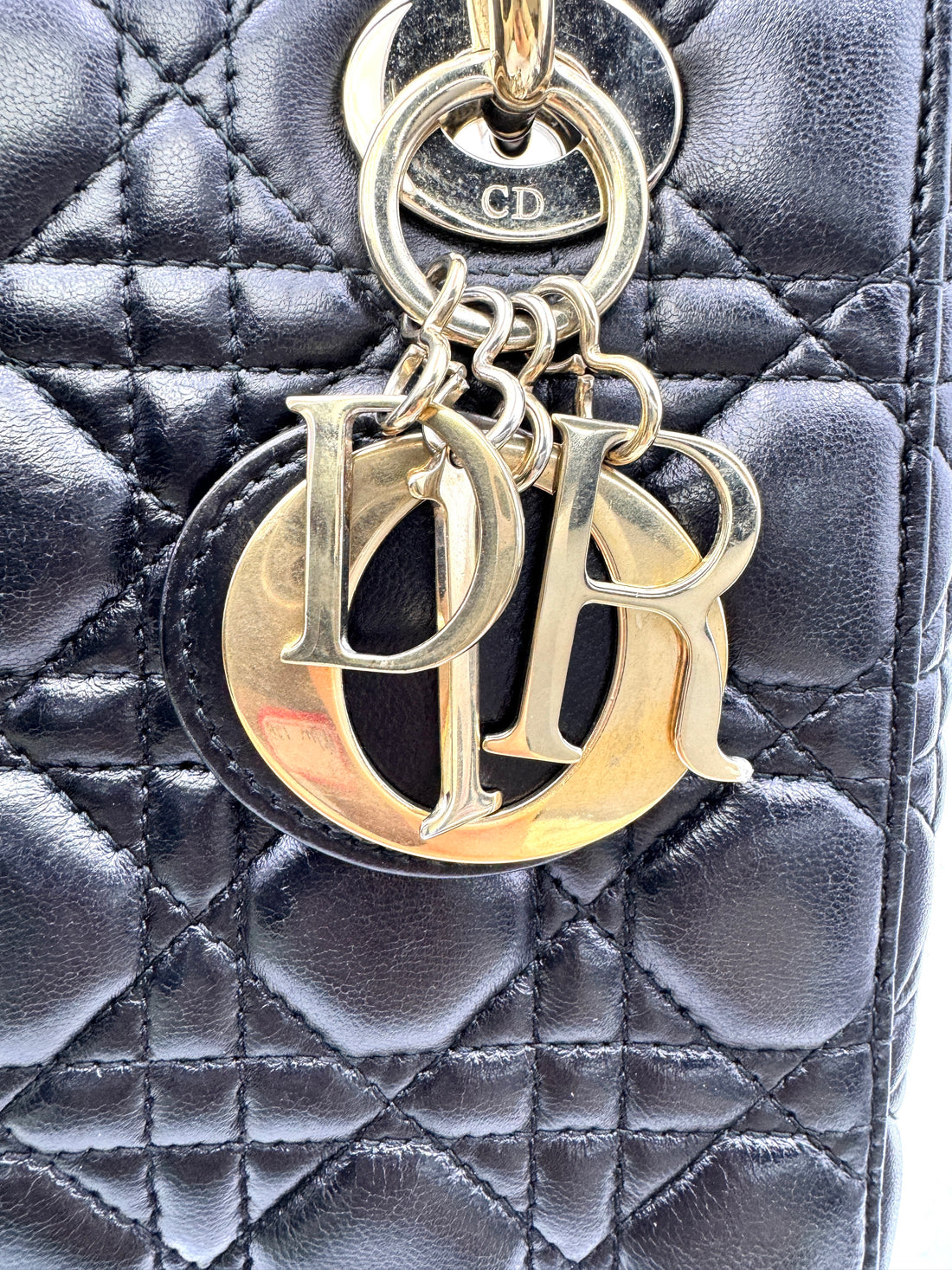 Christian Dior Lady Dior Black Cannage Leather Handle Bag Silver Charms DR673