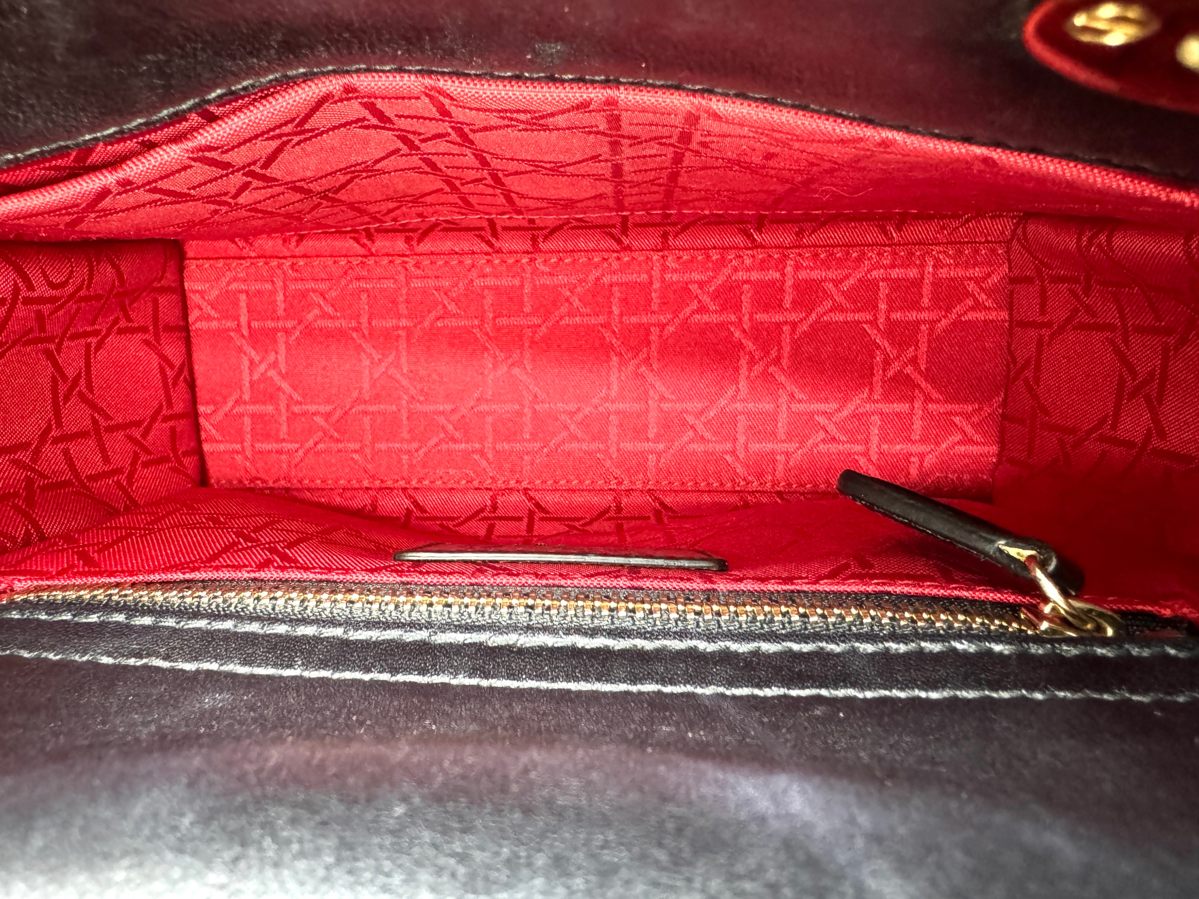 Christian Dior Lady Dior Black Cannage Leather Handle Bag Silver Charms DR673