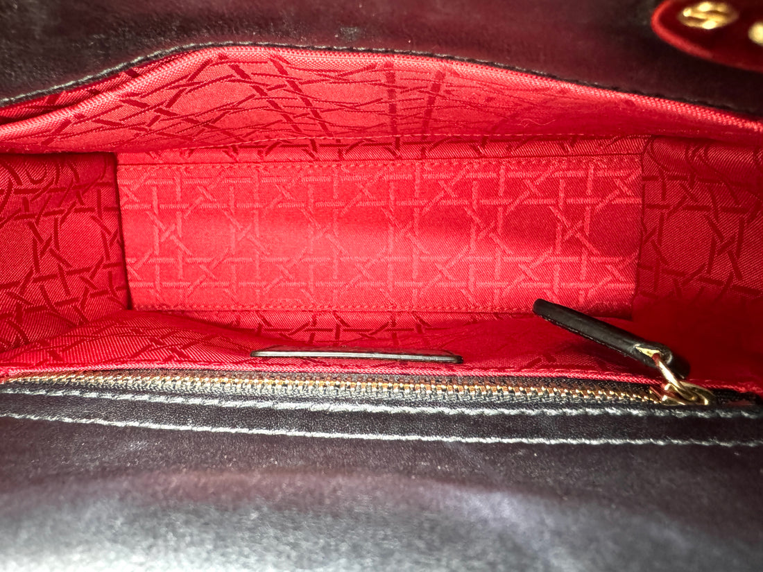 Christian Dior Lady Dior Black Cannage Leather Handle Bag Silver Charms DR673