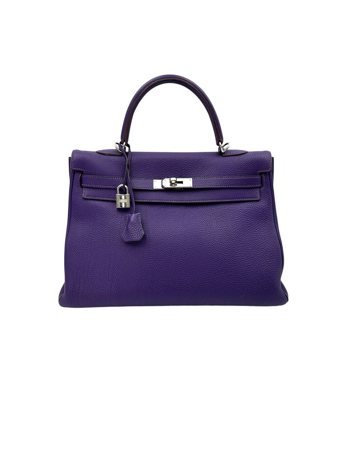 Hermes Kelly 35 Purple Leather Handle Bag With Silver Hardware HR94