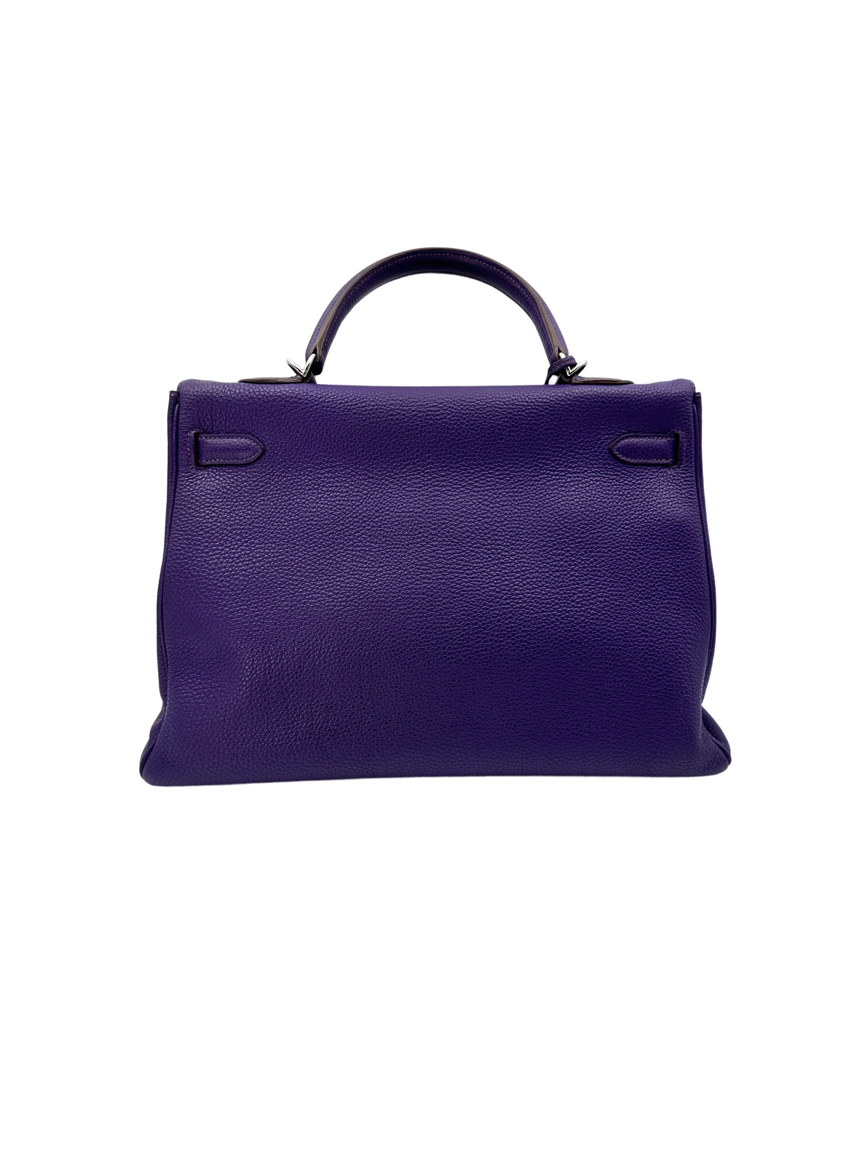 Hermes Kelly 35 Purple Leather Handle Bag With Silver Hardware HR94