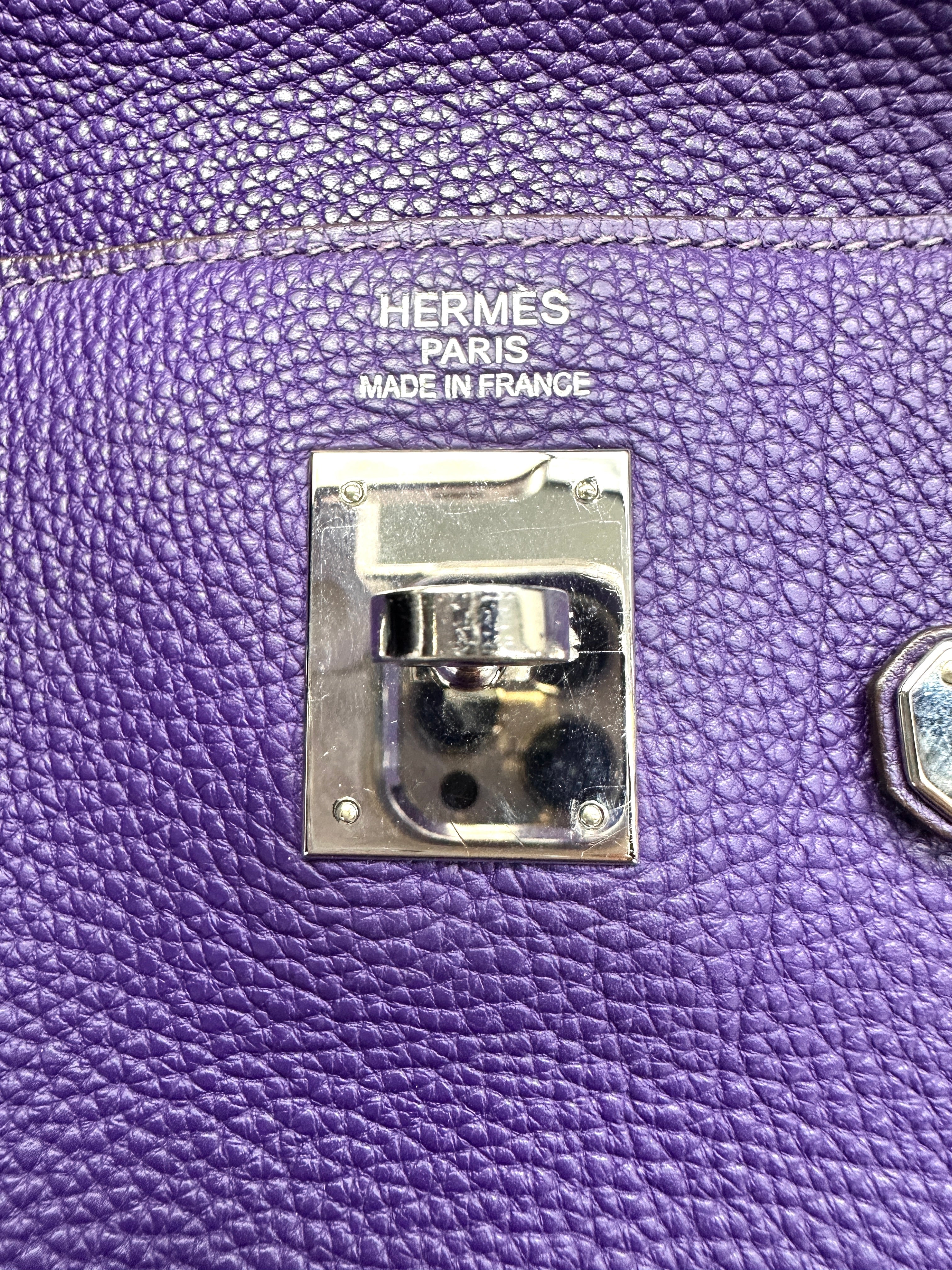 Hermes Kelly 35 Purple Leather Handle Bag With Silver Hardware HR94