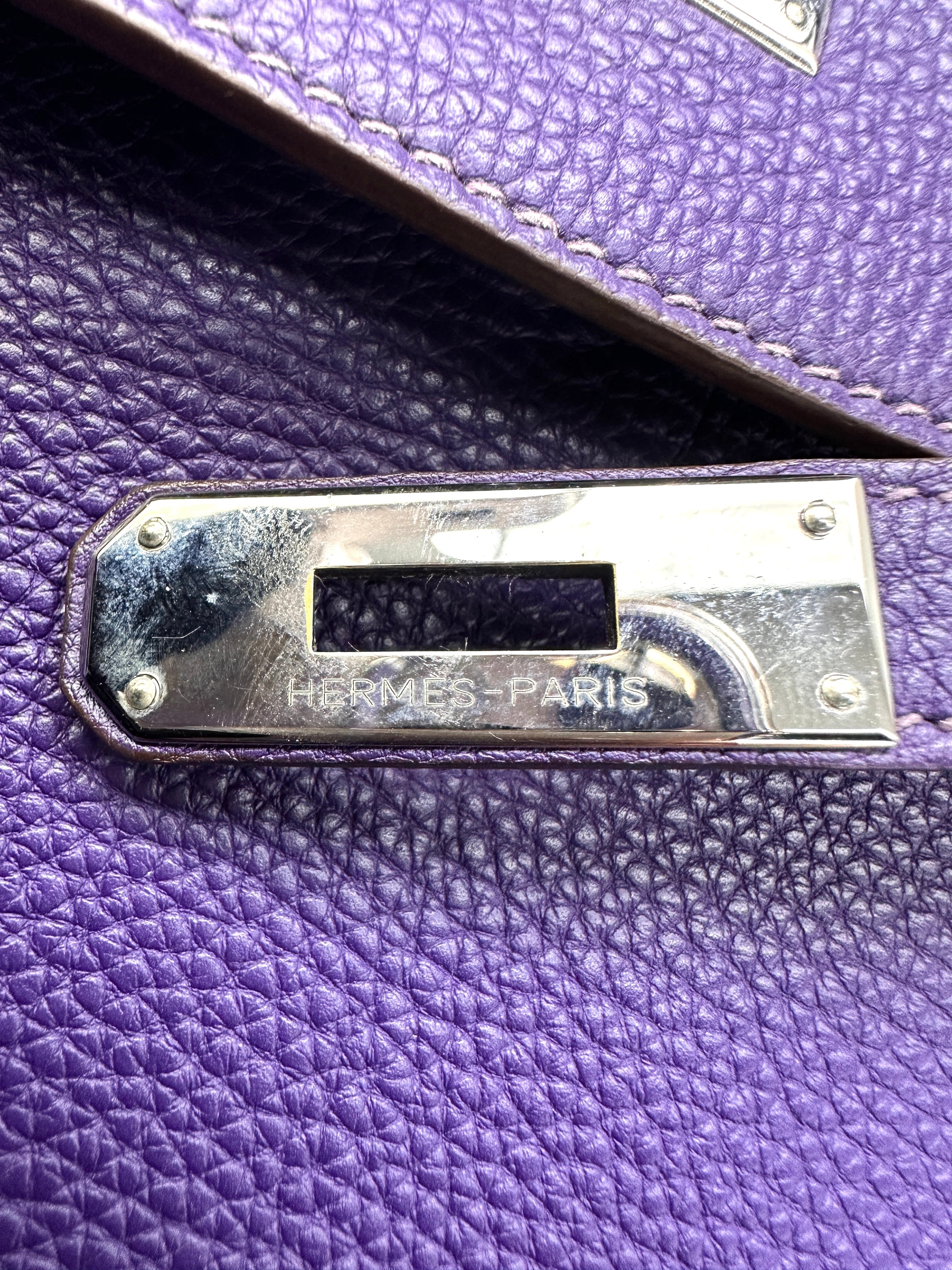 Hermes Kelly 35 Purple Leather Handle Bag With Silver Hardware HR94