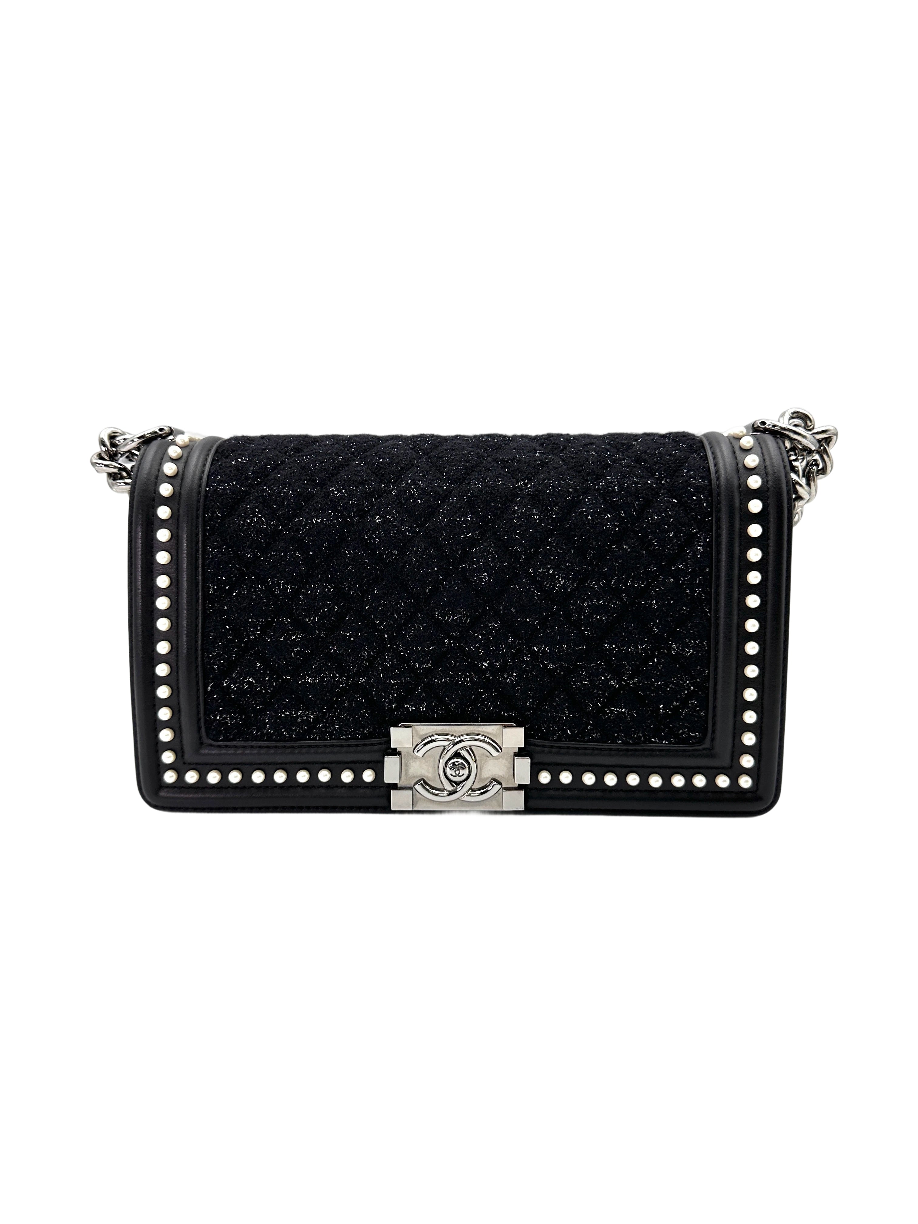 Chanel LeBoy Black Tweed & Pearl Embellishments Medium Size Flap Bag With Aged Silver Buckle(26***19) CC1779