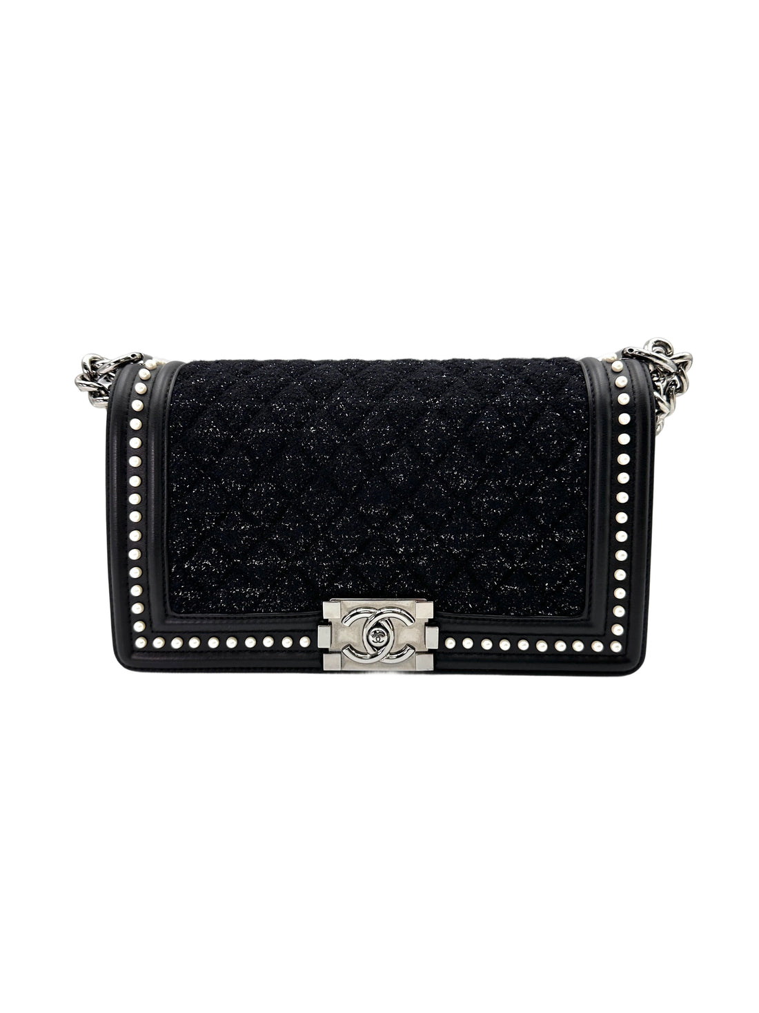 Chanel LeBoy Black Tweed & Pearl Embellishments Medium Size Flap Bag With Aged Silver Buckle(26***19) CC1779