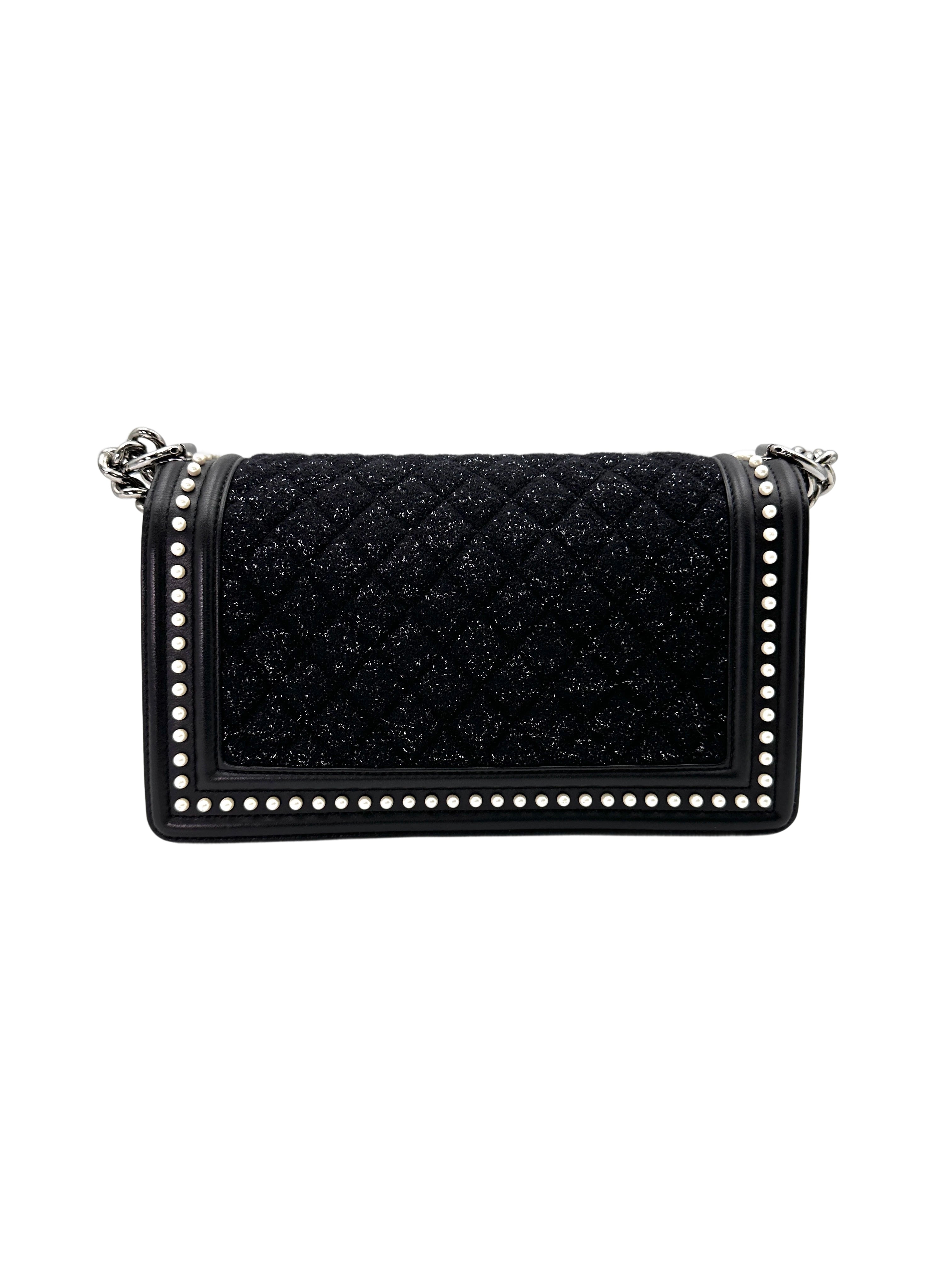 Chanel LeBoy Black Tweed & Pearl Embellishments Medium Size Flap Bag With Aged Silver Buckle(26***19) CC1779