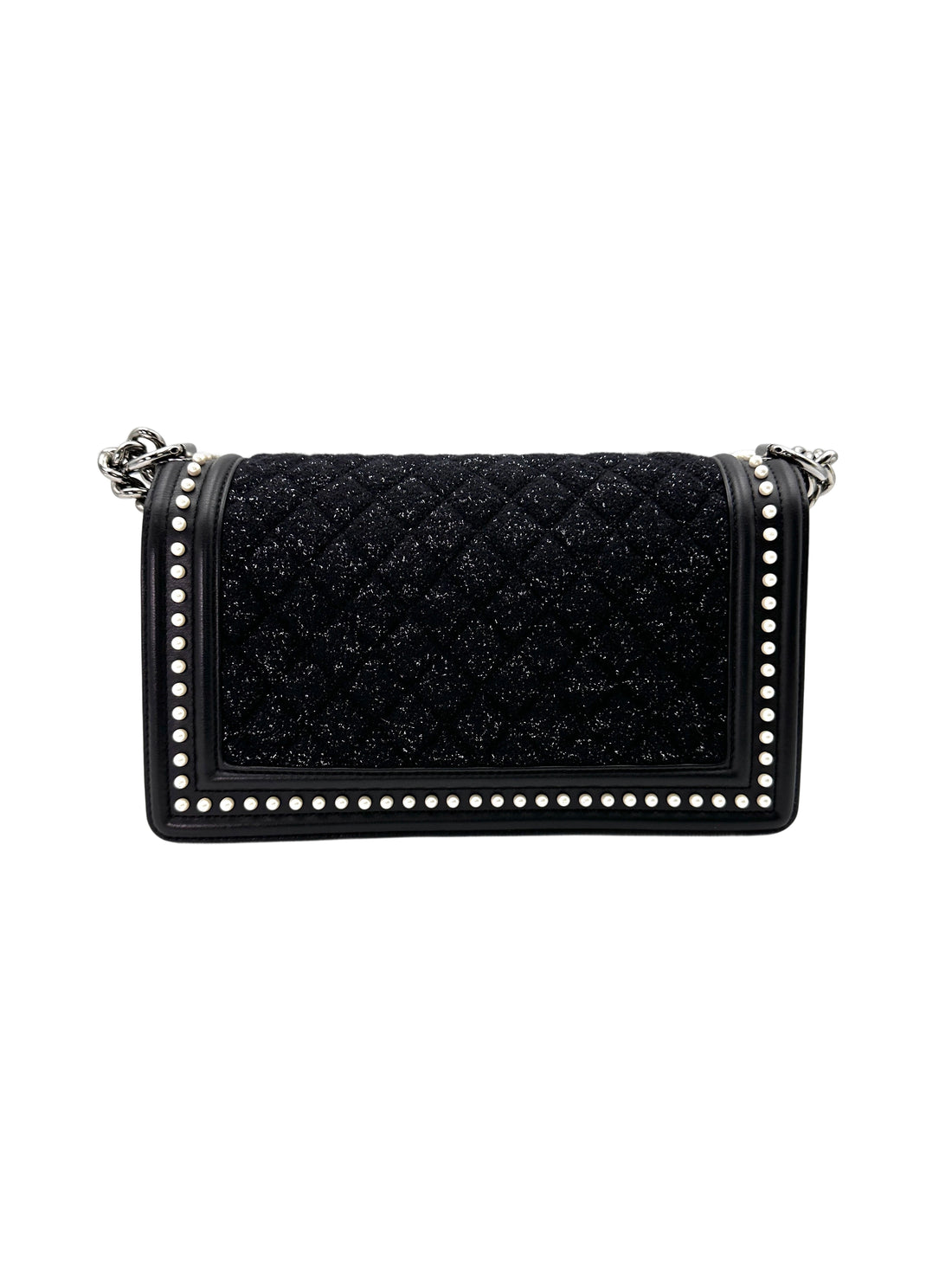 Chanel LeBoy Black Tweed & Pearl Embellishments Medium Size Flap Bag With Aged Silver Buckle(26***19) CC1779