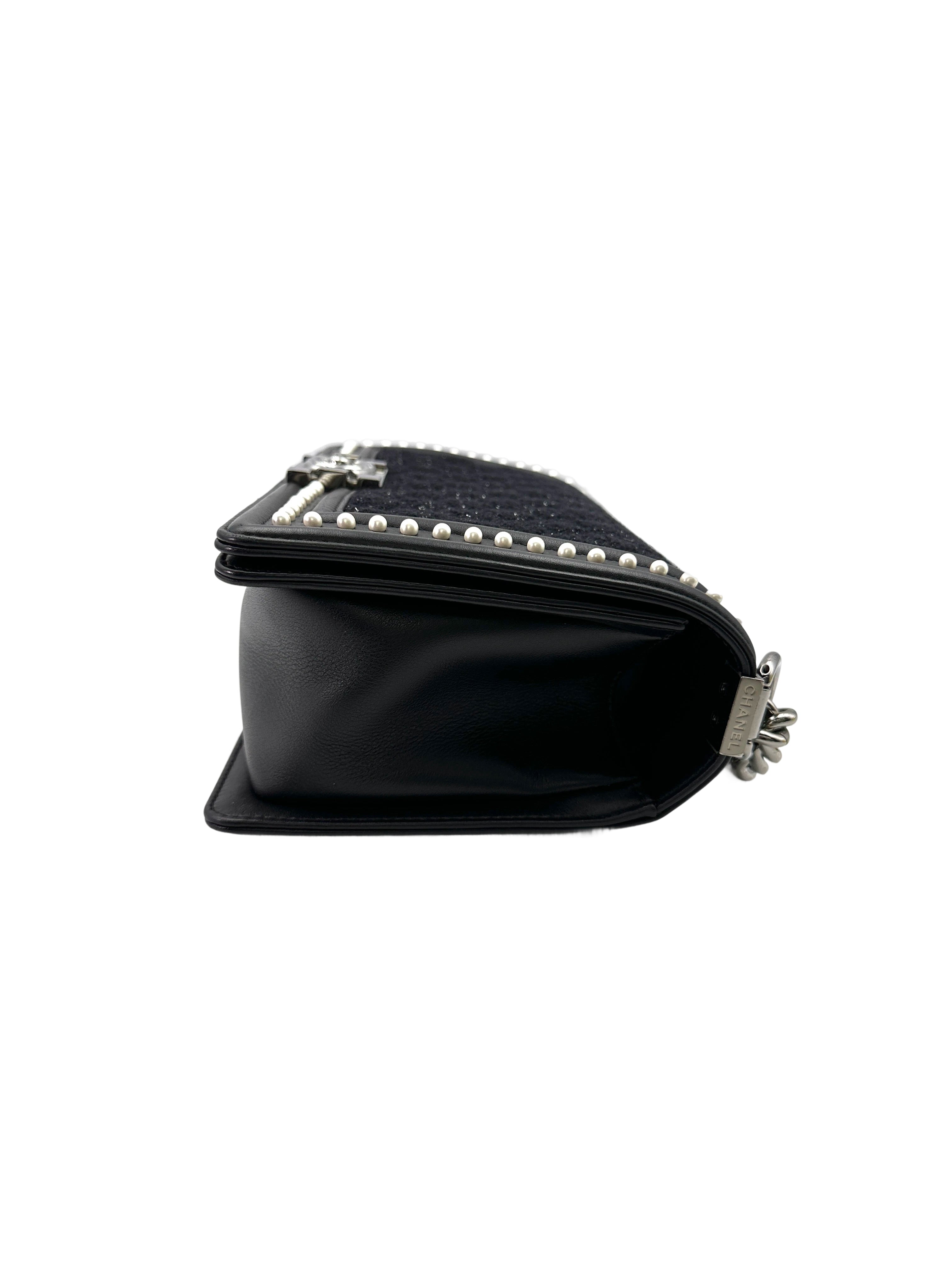 Chanel LeBoy Black Tweed & Pearl Embellishments Medium Size Flap Bag With Aged Silver Buckle(26***19) CC1779