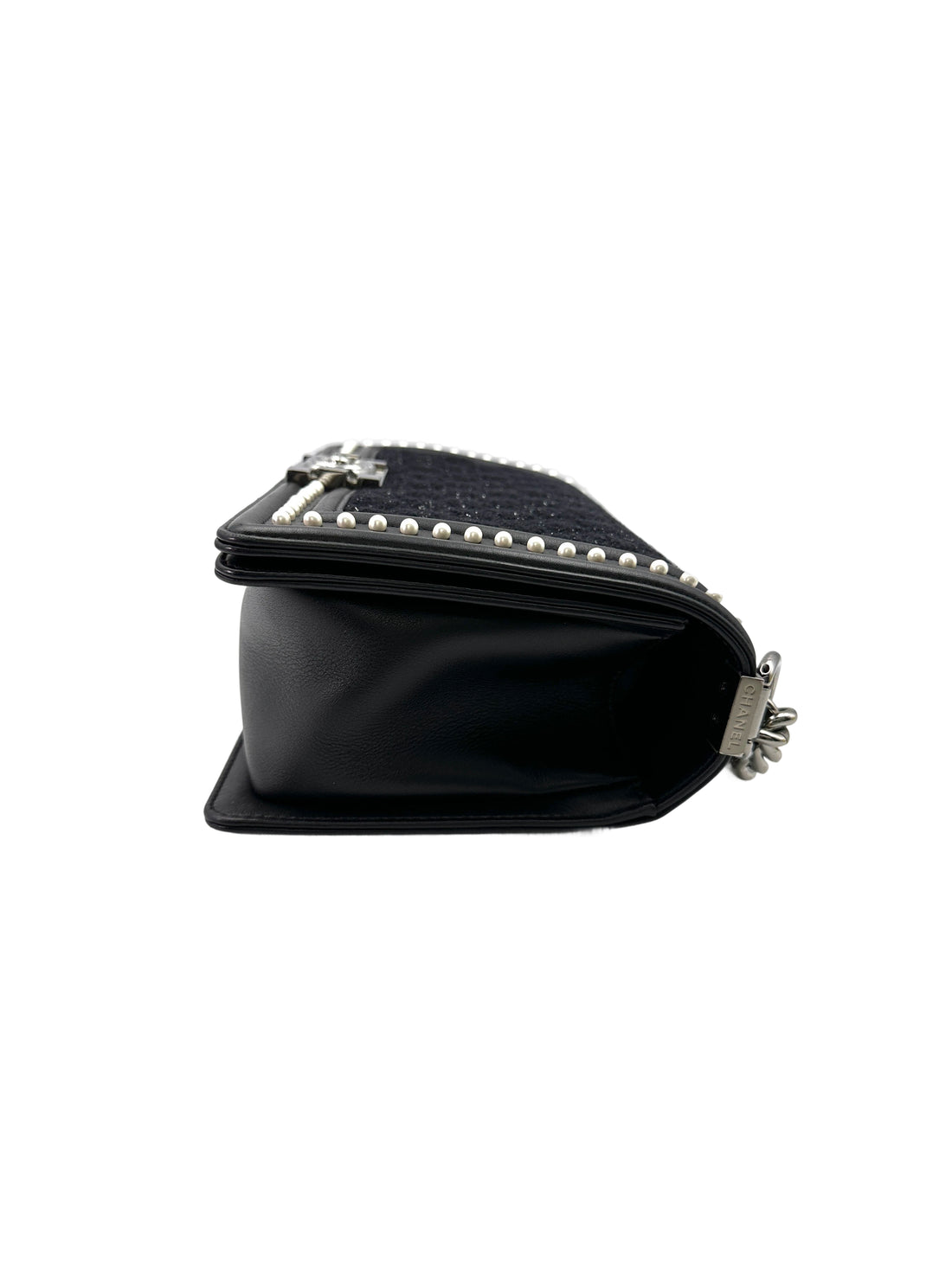 Chanel LeBoy Black Tweed & Pearl Embellishments Medium Size Flap Bag With Aged Silver Buckle(26***19) CC1779