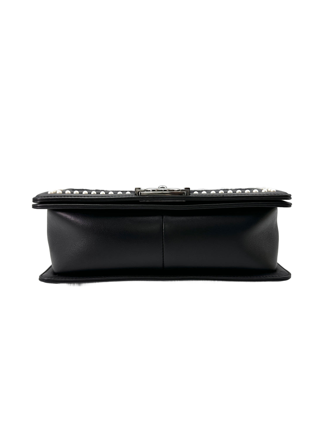 Chanel LeBoy Black Tweed & Pearl Embellishments Medium Size Flap Bag With Aged Silver Buckle(26***19) CC1779