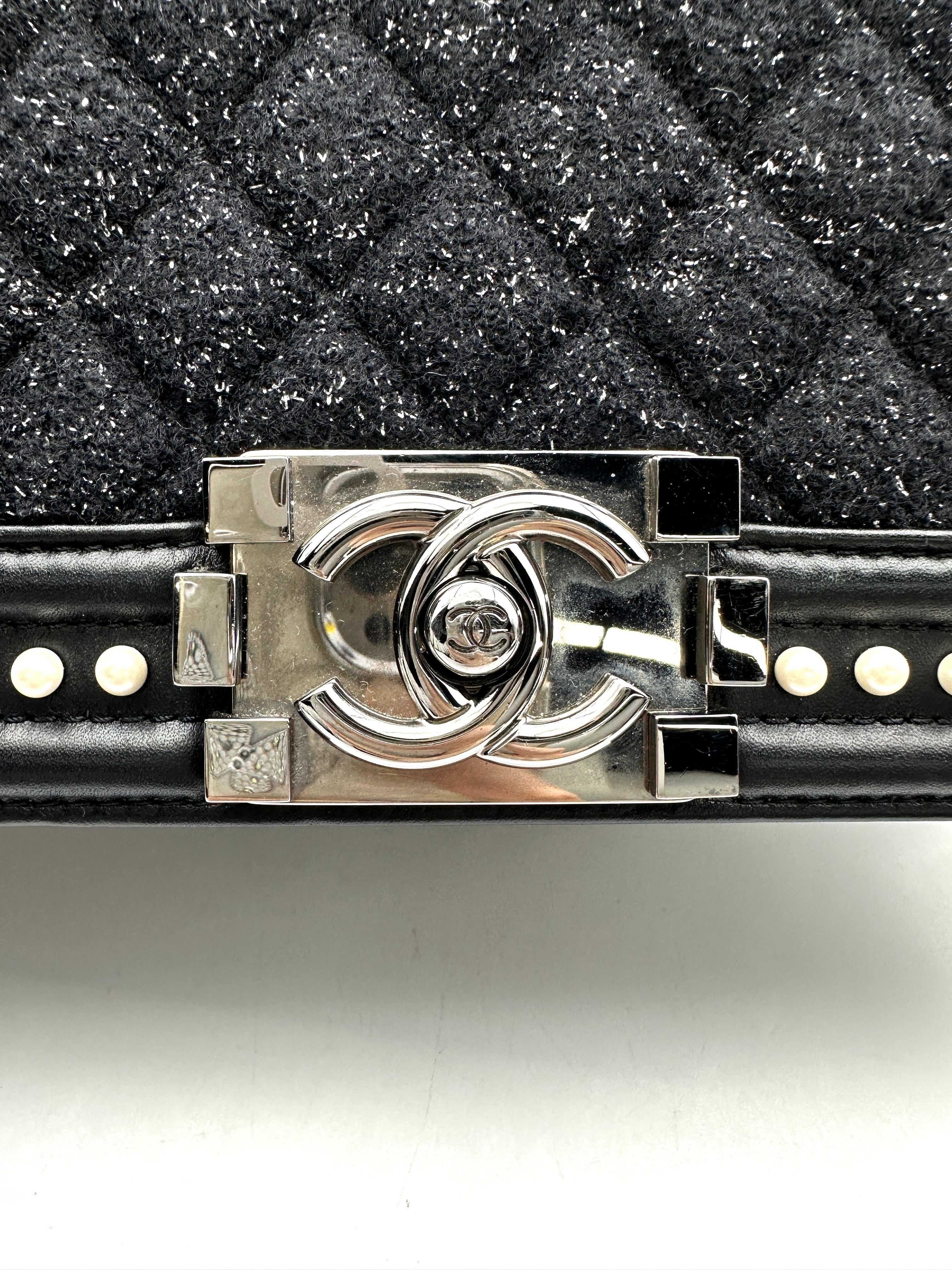 Chanel LeBoy Black Tweed & Pearl Embellishments Medium Size Flap Bag With Aged Silver Buckle(26***19) CC1779