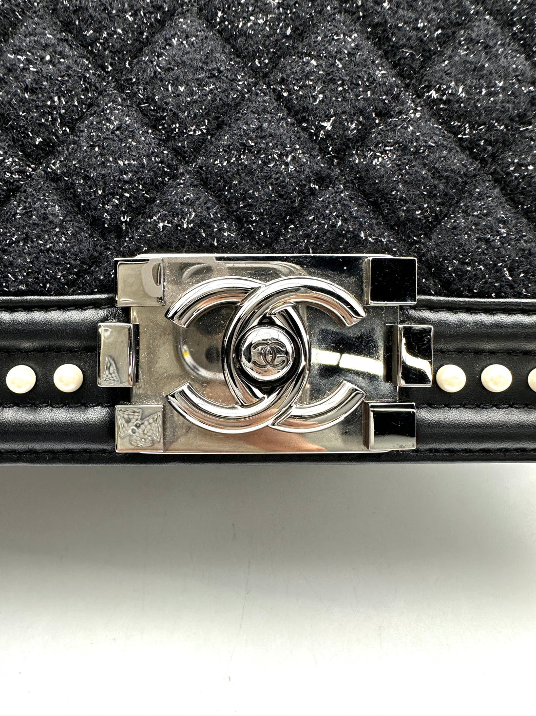 Chanel LeBoy Black Tweed & Pearl Embellishments Medium Size Flap Bag With Aged Silver Buckle(26***19) CC1779