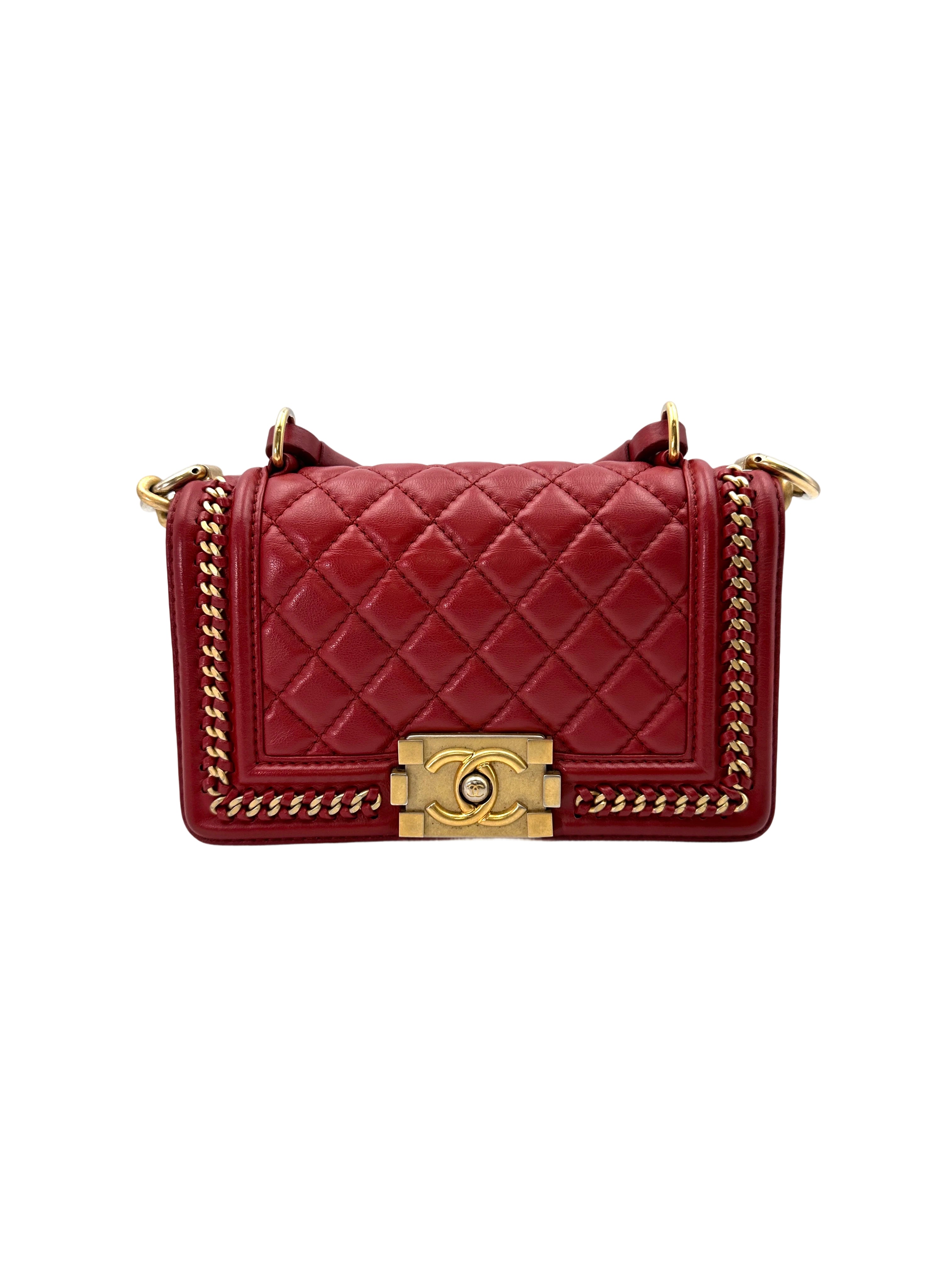 Chanel LeBoy Red Quilted Leather Top Handle Flap Bag With Gold Buckle(24***64) CC1778