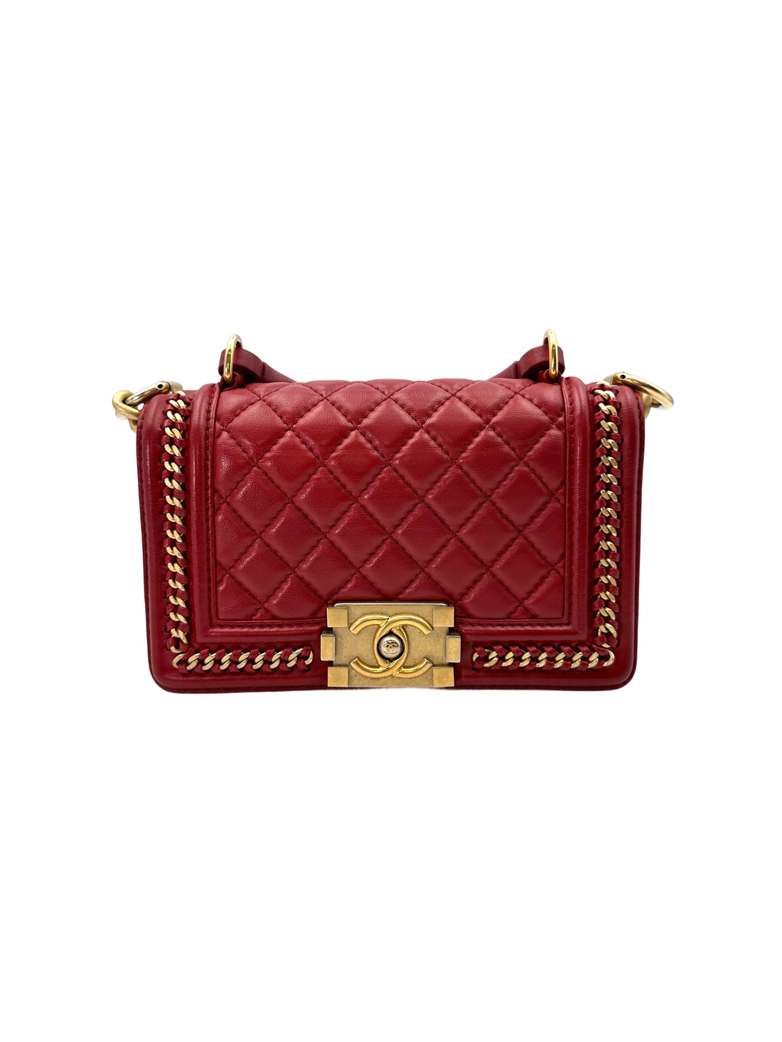Chanel LeBoy Red Quilted Leather Top Handle Flap Bag With Gold Buckle(24***64) CC1778