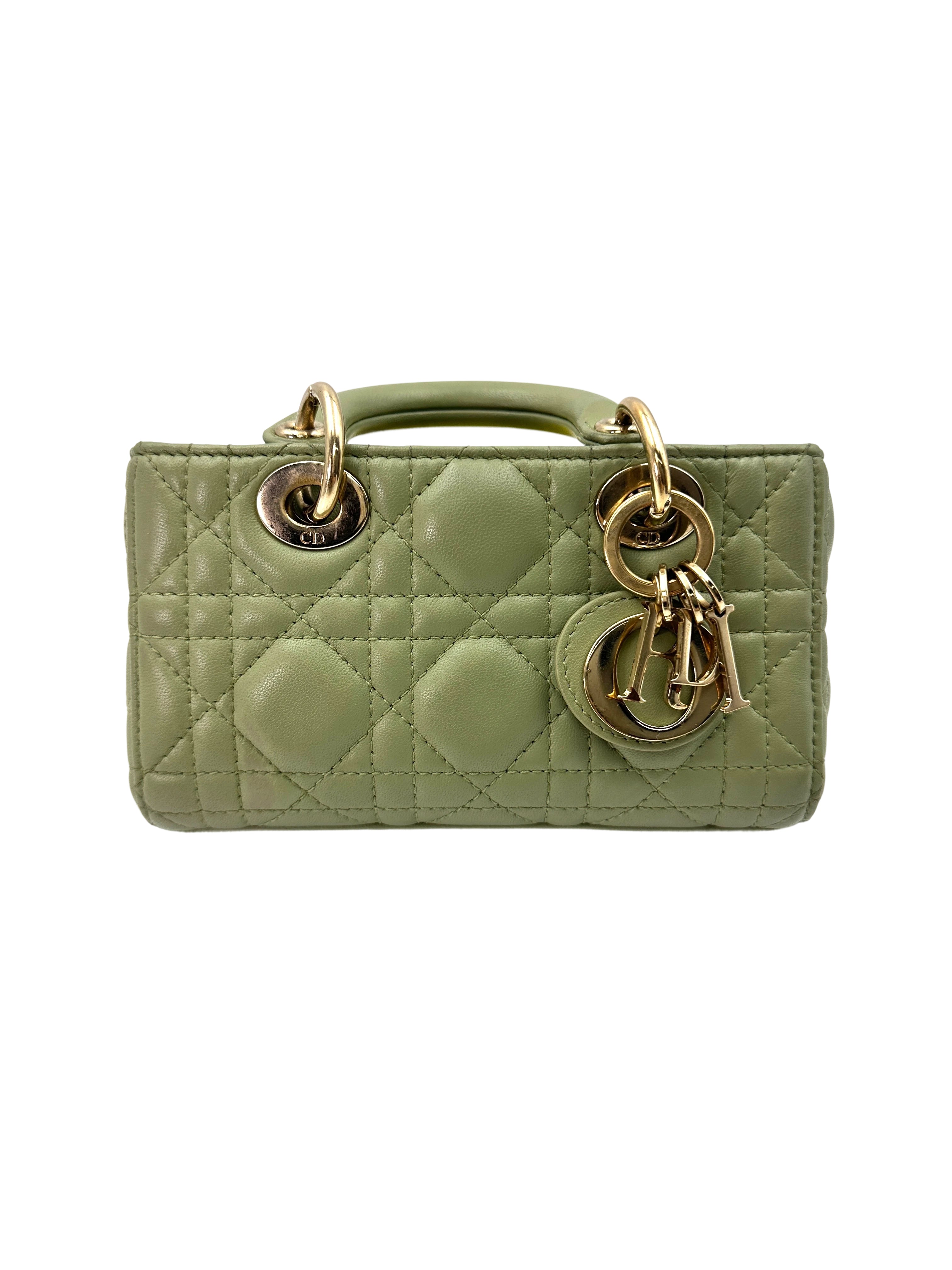 Christian Dior Lady D-Joy Green Cannage Lambskin Mini Handle Bag With Gold Charms IRIS159