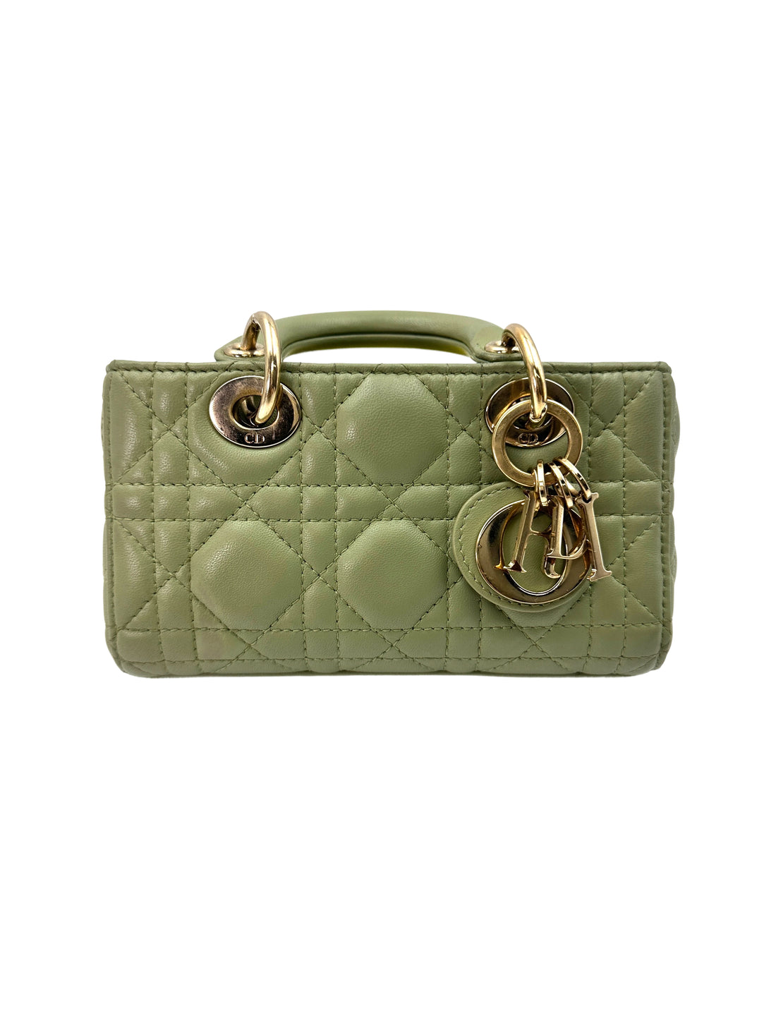 Christian Dior Lady D-Joy Green Cannage Lambskin Mini Handle Bag With Gold Charms IRIS159