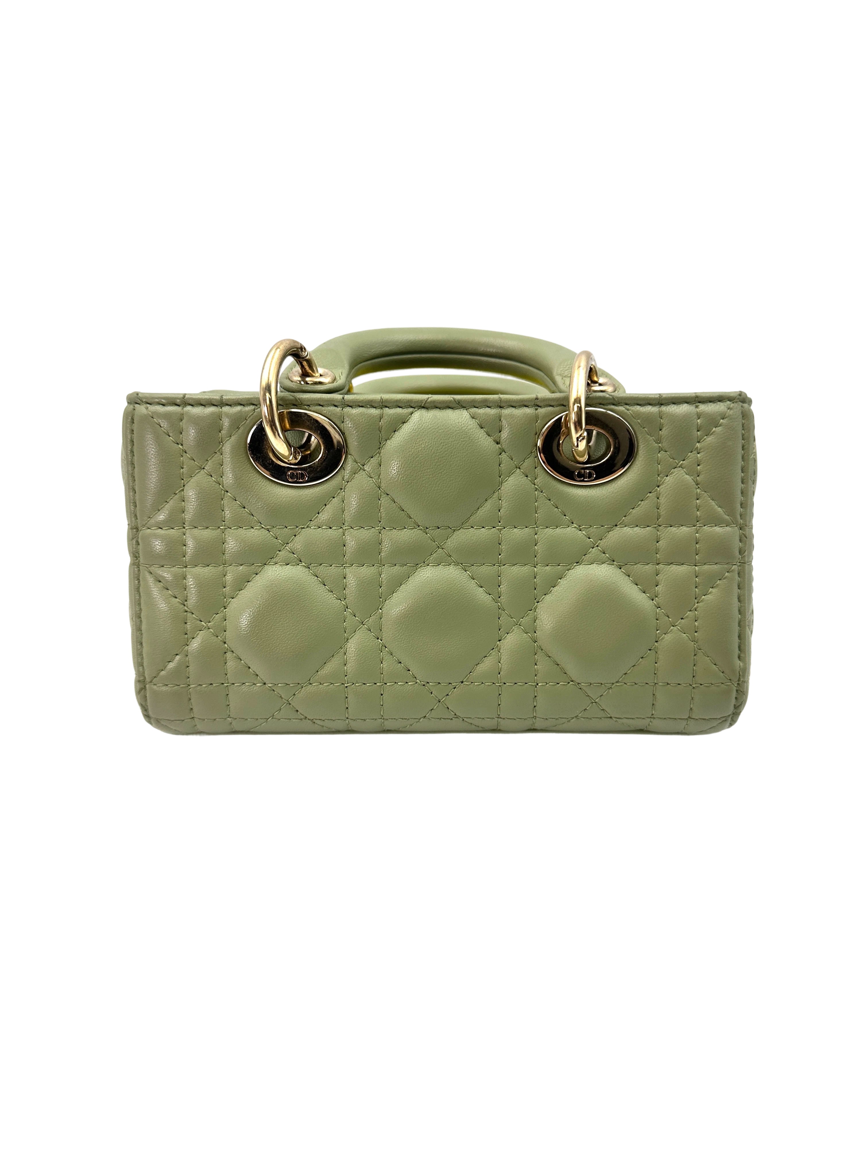 Christian Dior Lady D-Joy Green Cannage Lambskin Mini Handle Bag With Gold Charms IRIS159