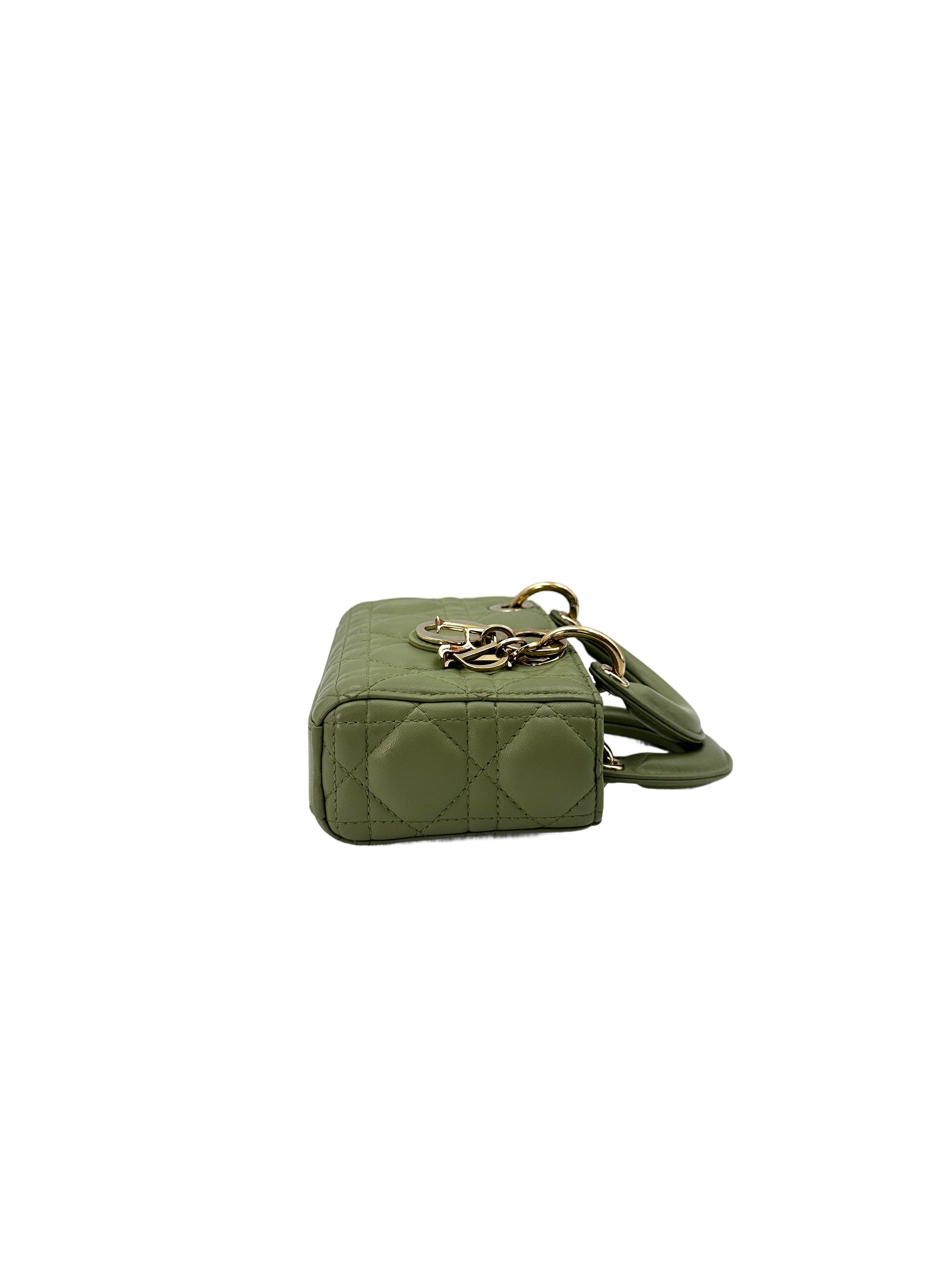 Christian Dior Lady D-Joy Green Cannage Lambskin Mini Handle Bag With Gold Charms IRIS159