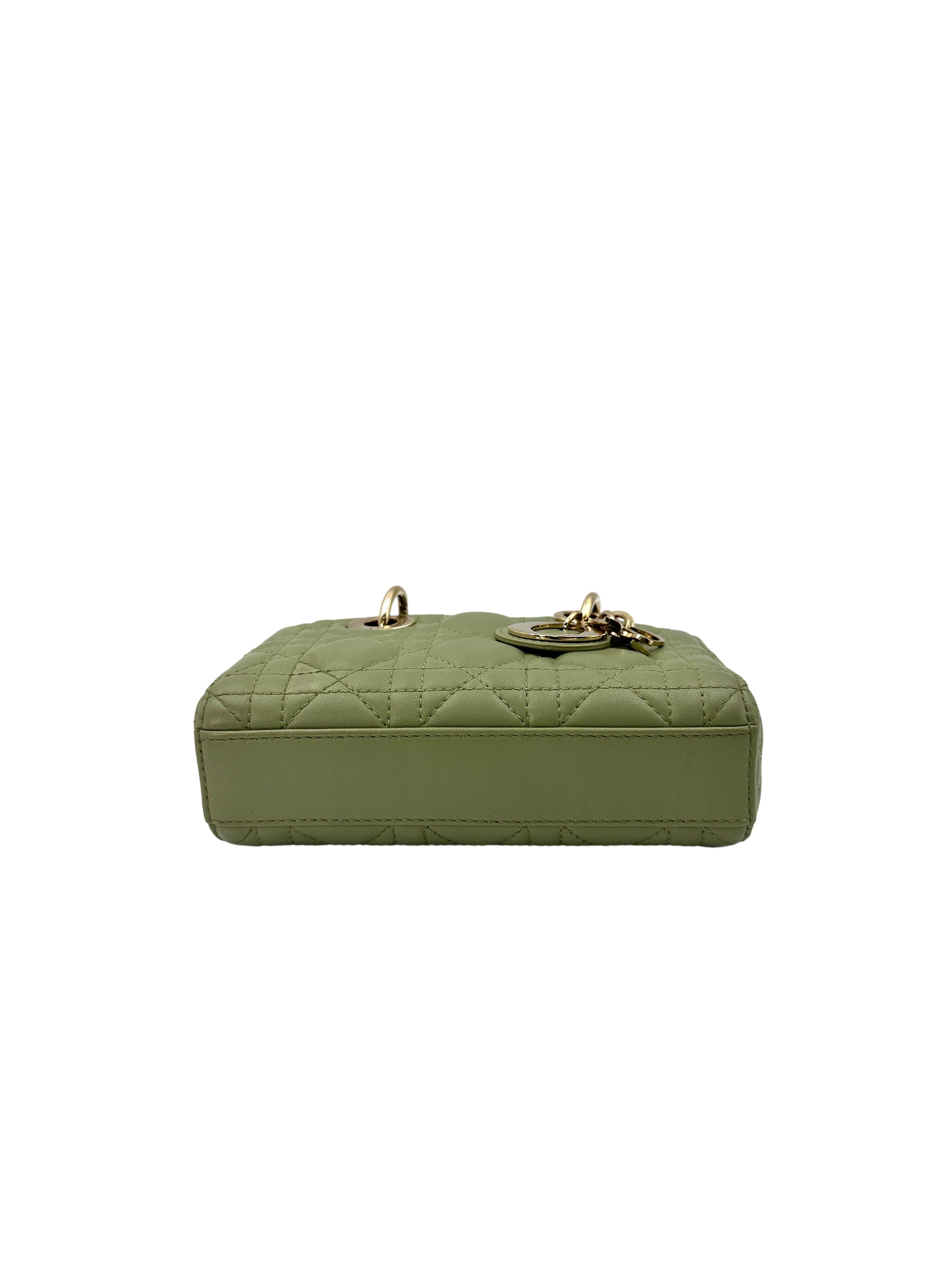 Christian Dior Lady D-Joy Green Cannage Lambskin Mini Handle Bag With Gold Charms IRIS159