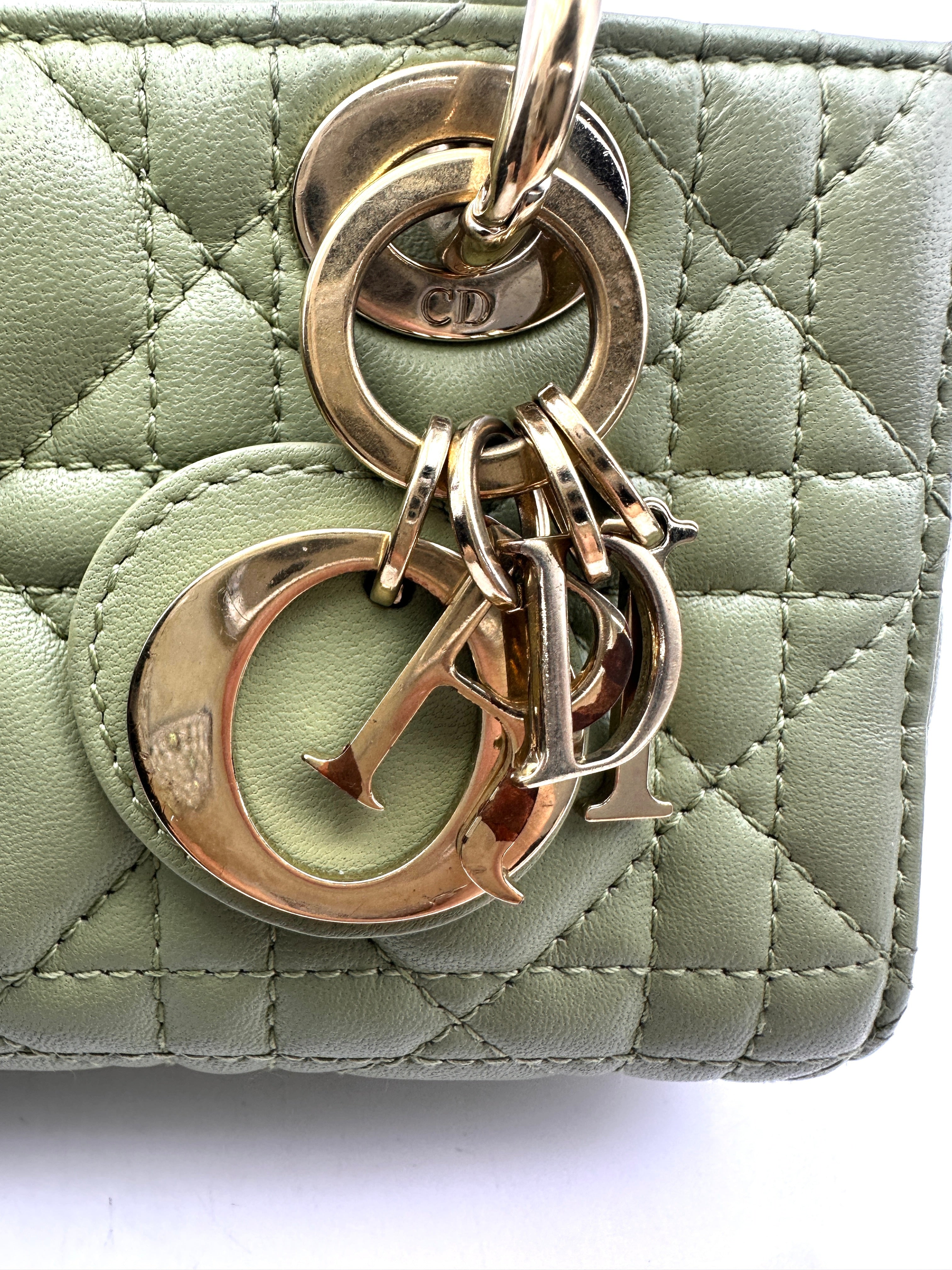 Christian Dior Lady D-Joy Green Cannage Lambskin Mini Handle Bag With Gold Charms IRIS159