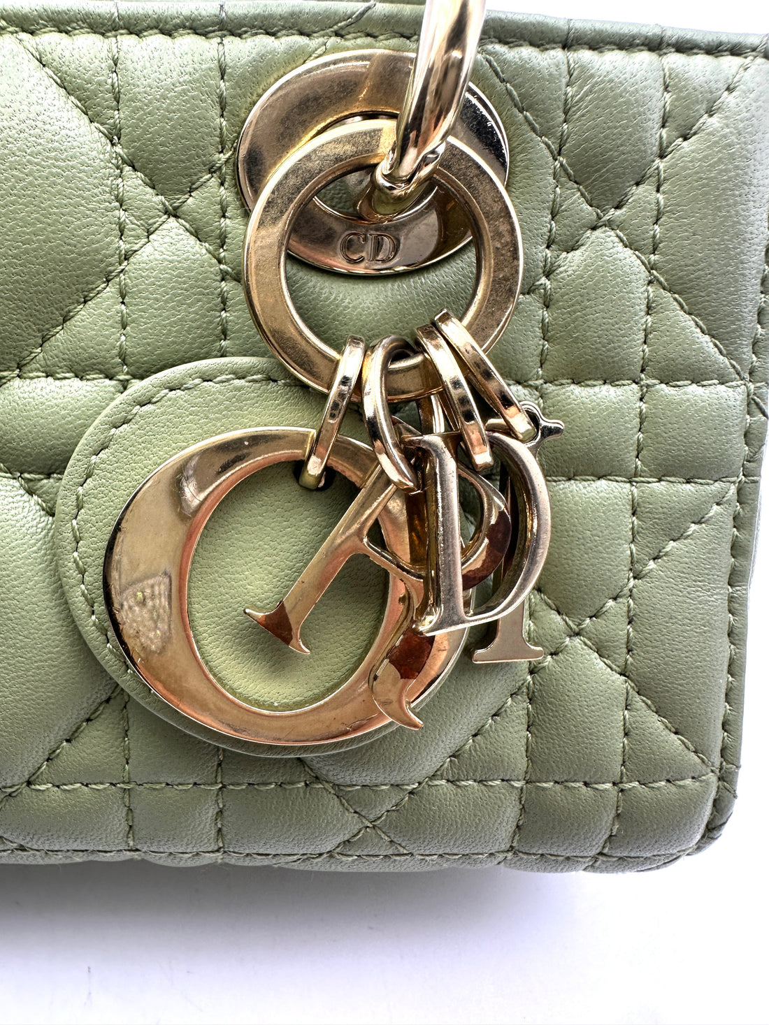 Christian Dior Lady D-Joy Green Cannage Lambskin Mini Handle Bag With Gold Charms IRIS159