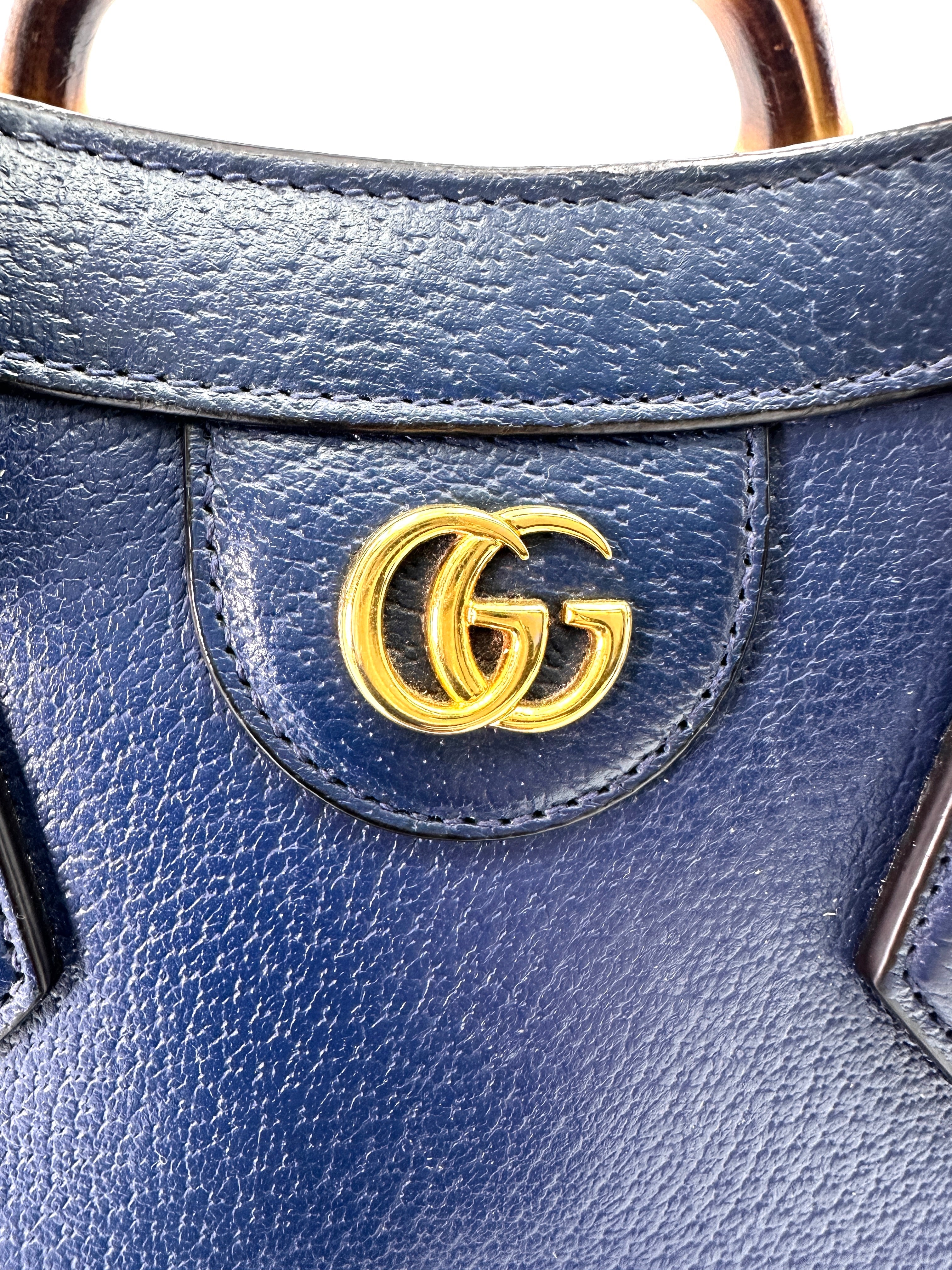 Gucci Diana Navy Leather Bamboo Handle Medium Size Bag GG844