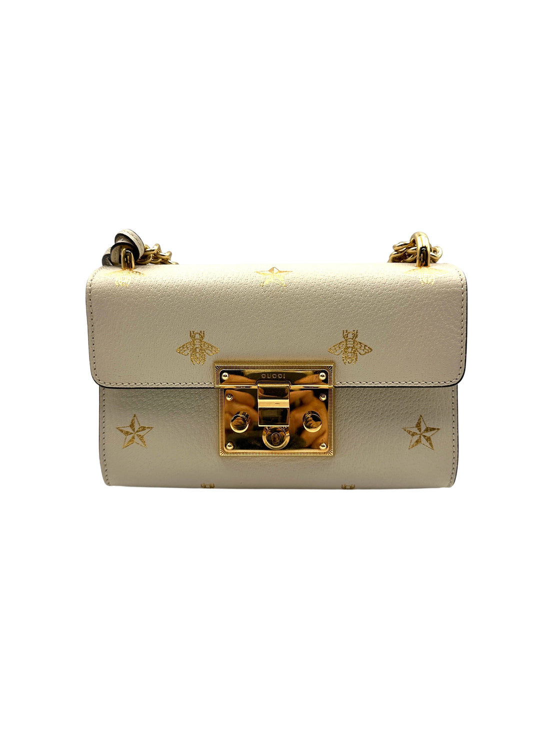 Gucci Padlock Bee Star White Leather Small Size Chain Bag GG846