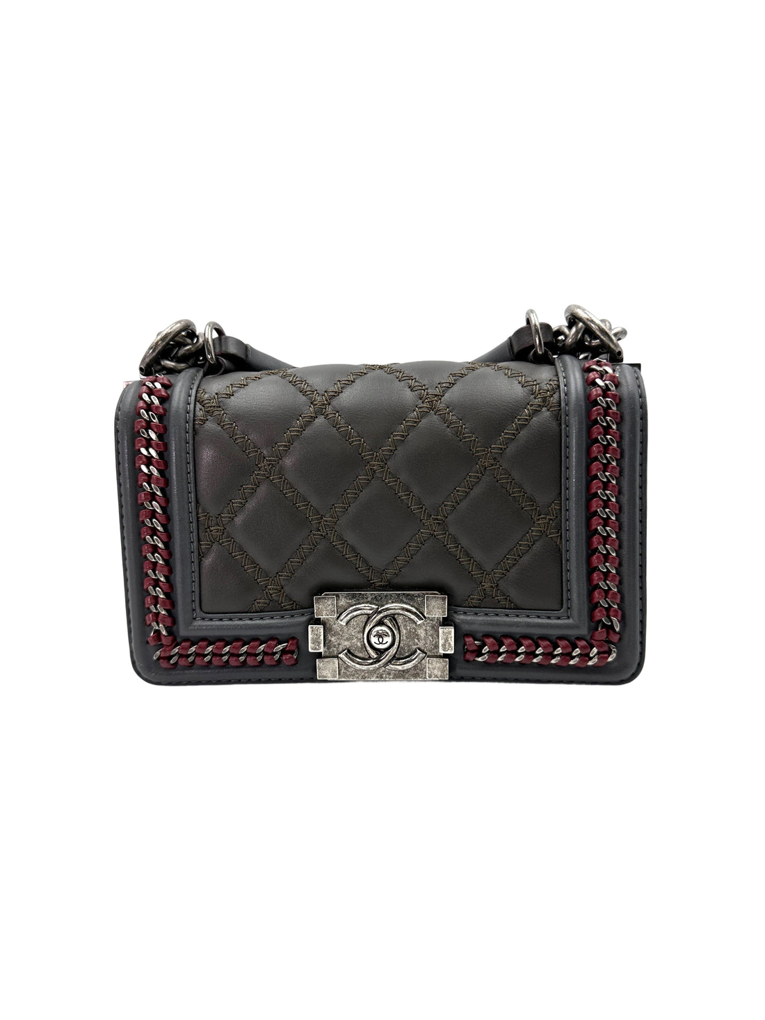 Chanel Paris-Salzburg LeBoy Grey Quilted Braided Trim Leather Top Handle Flap Bag With Aged Silver Buckle(21***28) CC1782