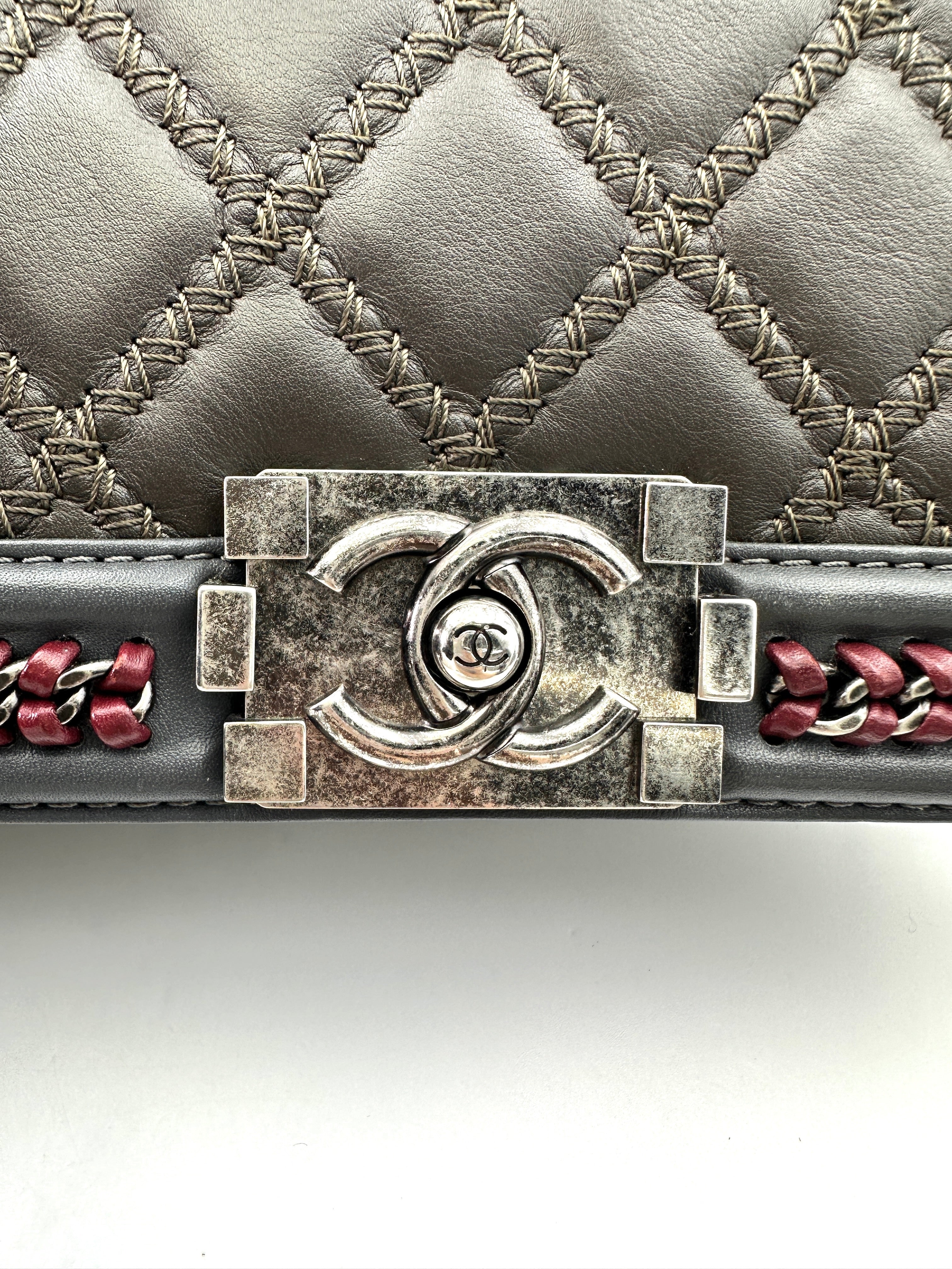 Chanel Paris-Salzburg LeBoy Grey Quilted Braided Trim Leather Top Handle Flap Bag With Aged Silver Buckle(21***28) CC1782