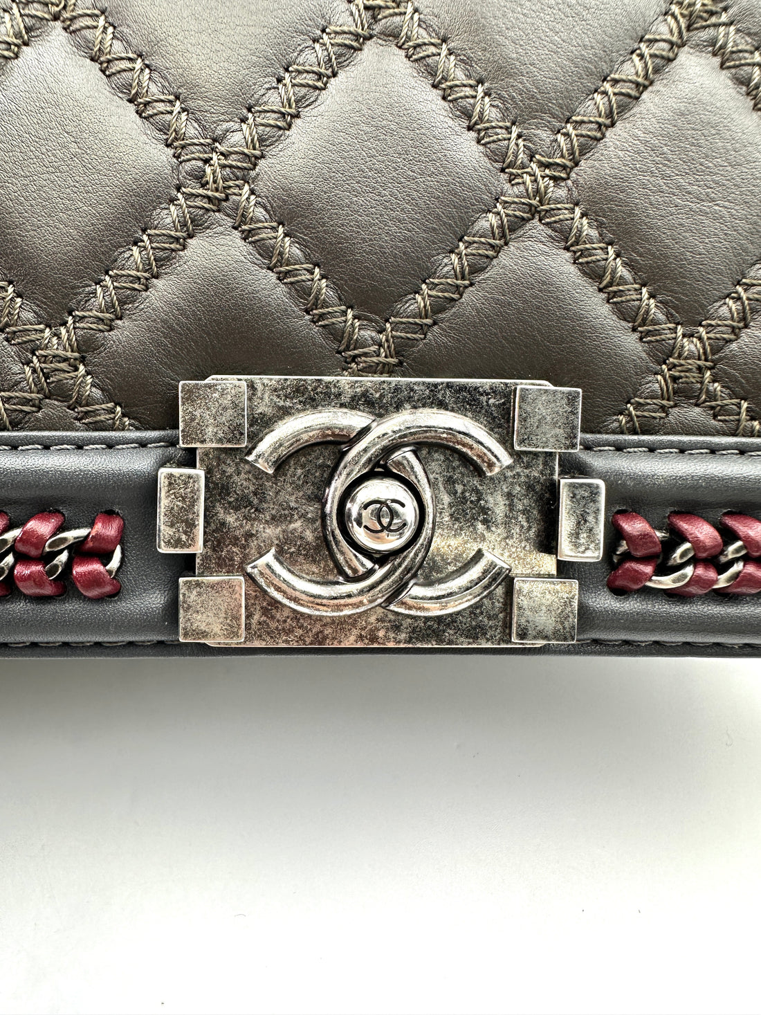 Chanel Paris-Salzburg LeBoy Grey Quilted Braided Trim Leather Top Handle Flap Bag With Aged Silver Buckle(21***28) CC1782