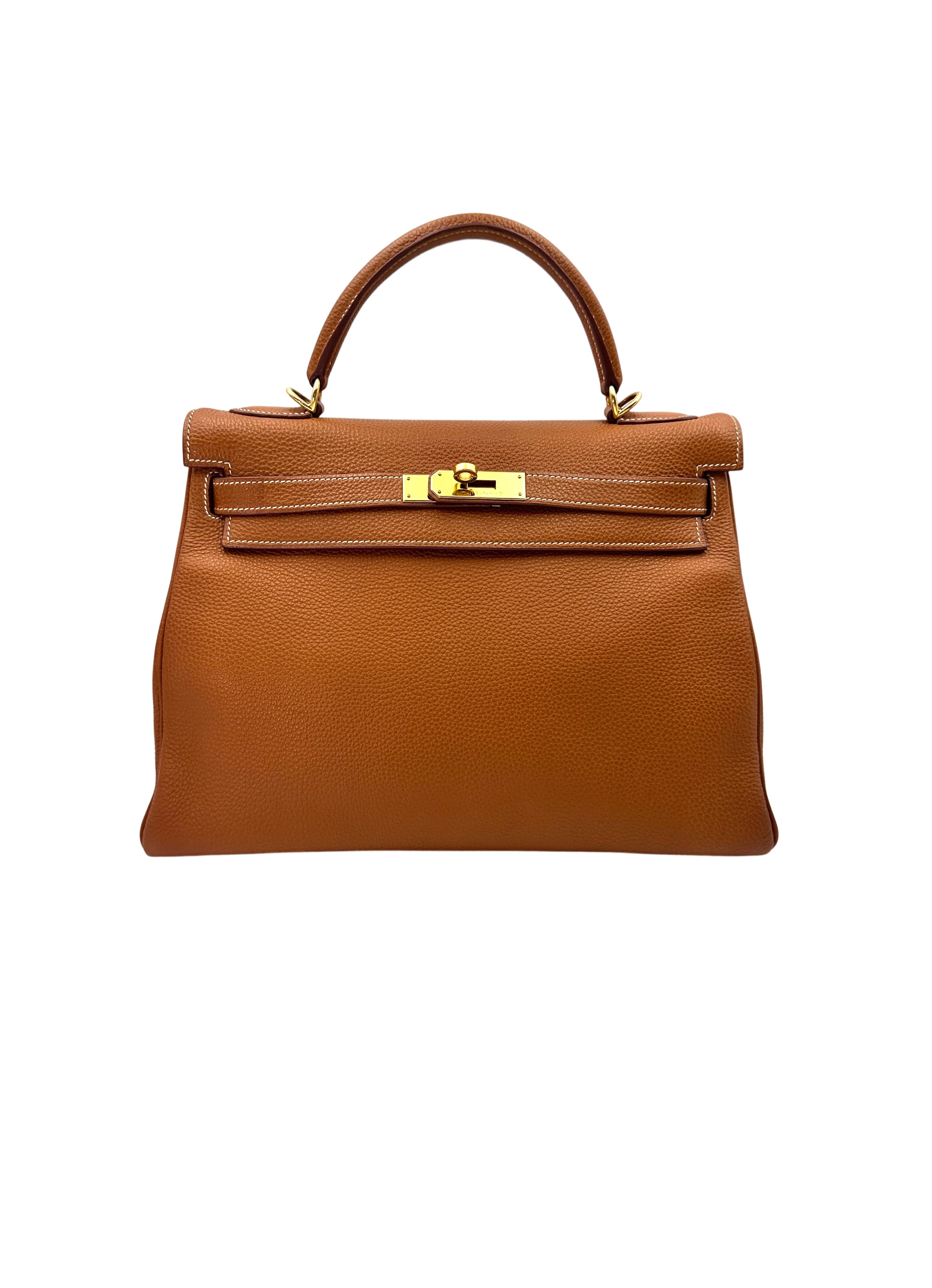 Hermes Kelly 32 Orange Leather Handle Bag With Gold Hardware HR96